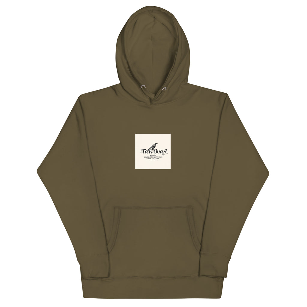 Olive green hoodie with a white logo on a white background