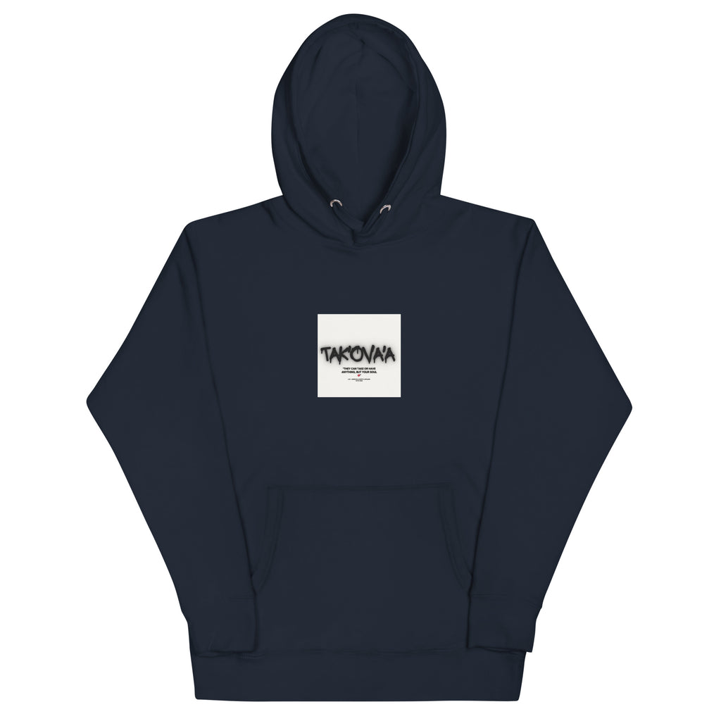 Navy blue hoodie with a white logo on a white background
