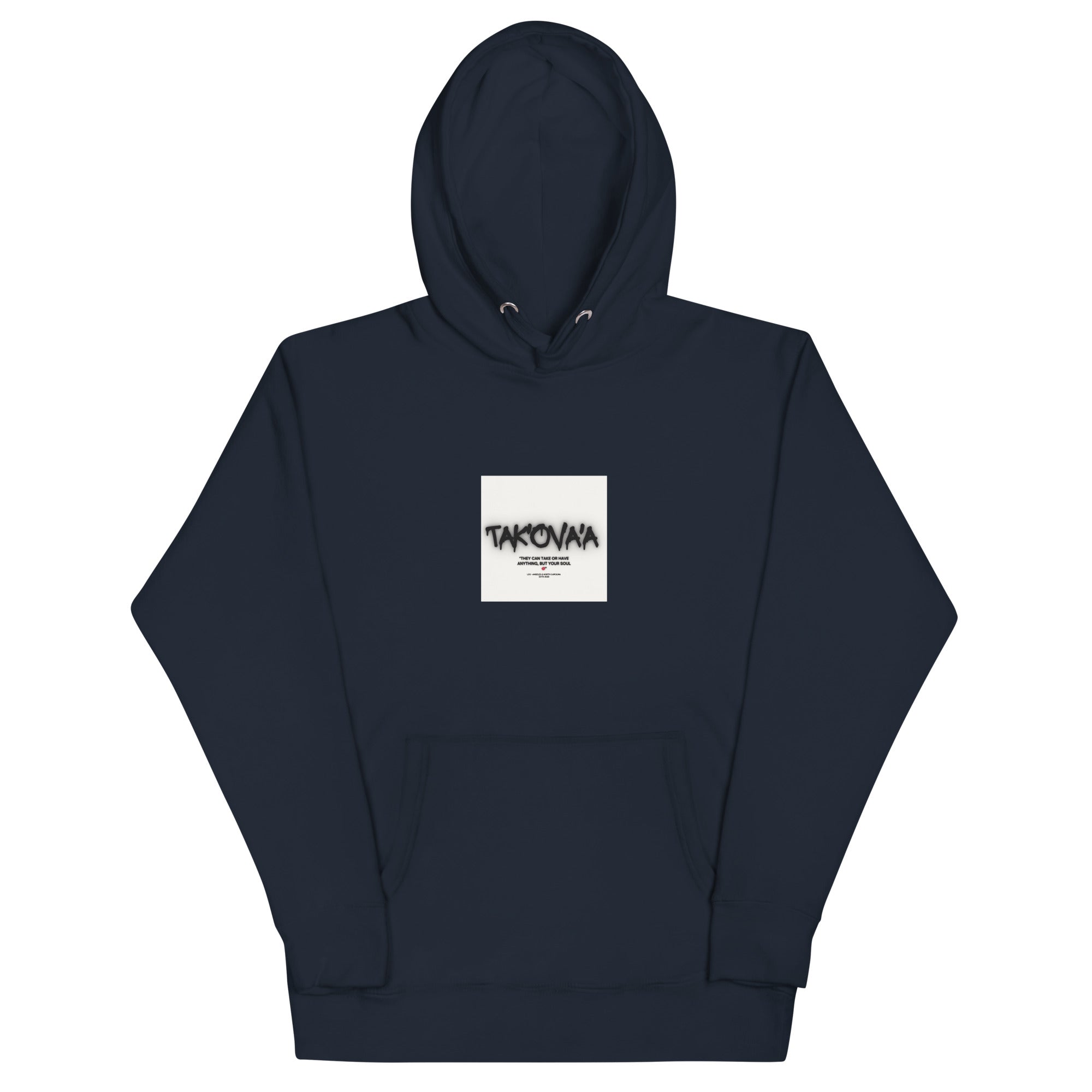 Navy blue hoodie with a white logo on a white background