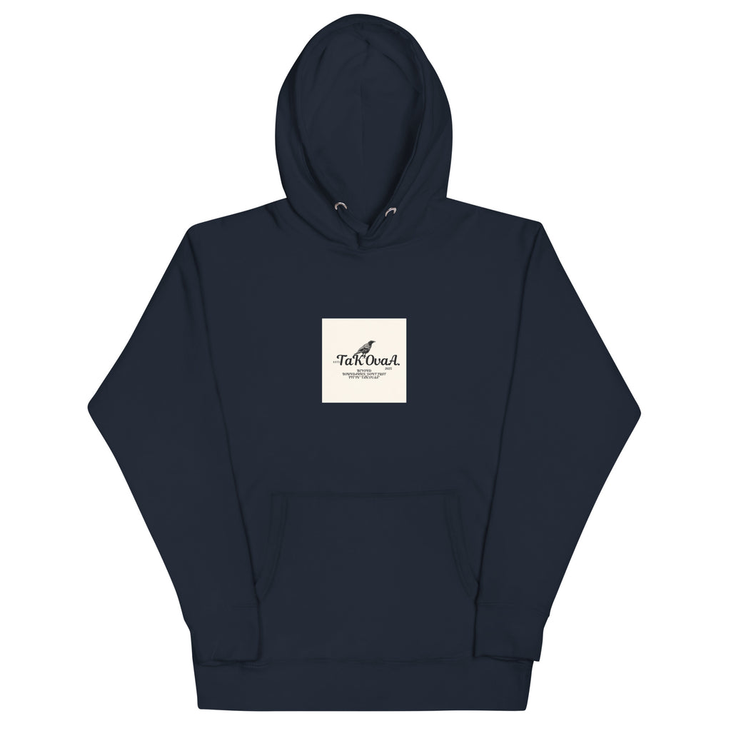 Navy blue hoodie with a white logo on a white background