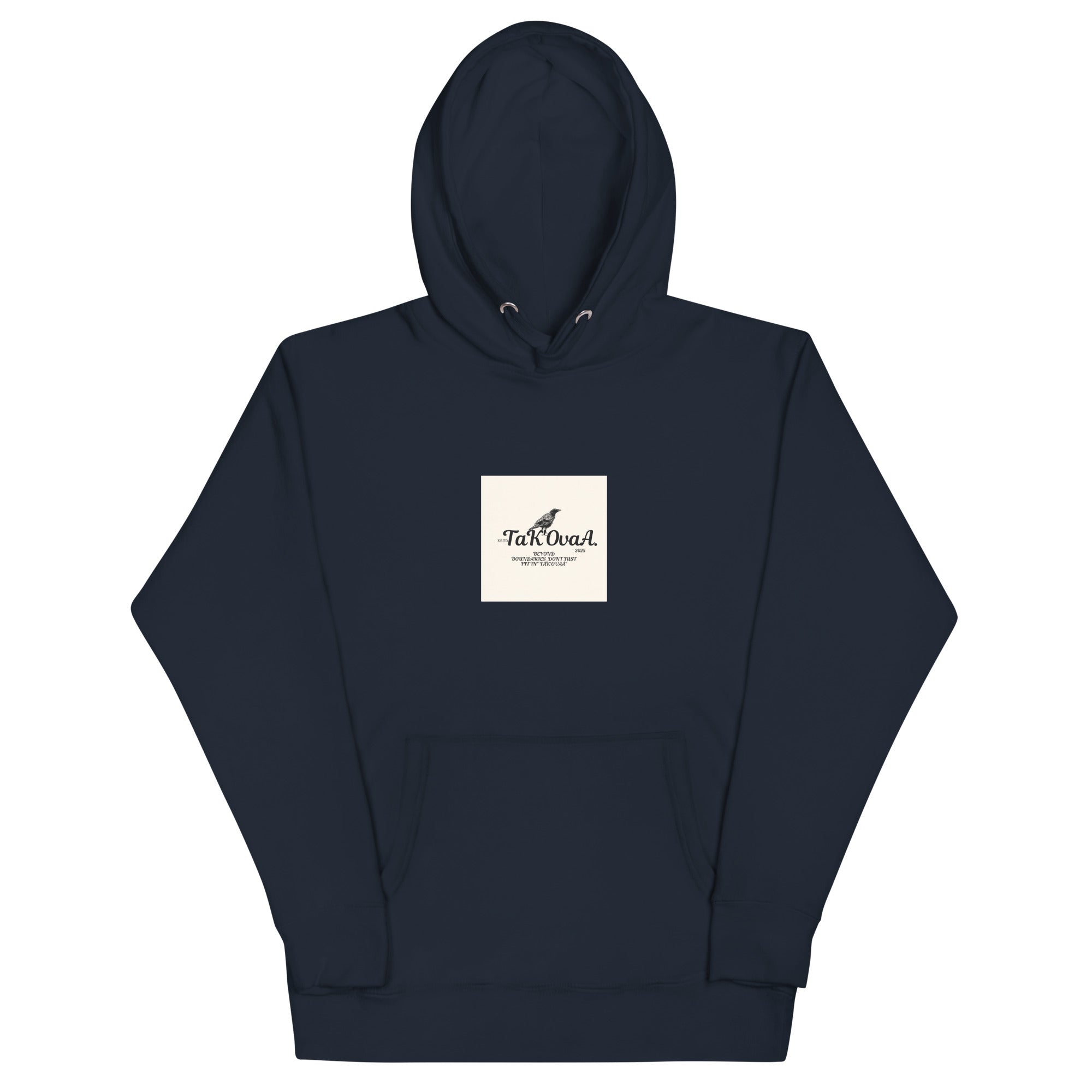 Navy blue hoodie with a white logo on a white background