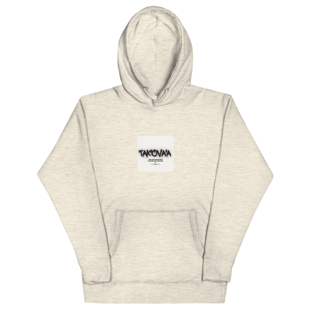 Beige hoodie with a logo on the chest against a white background