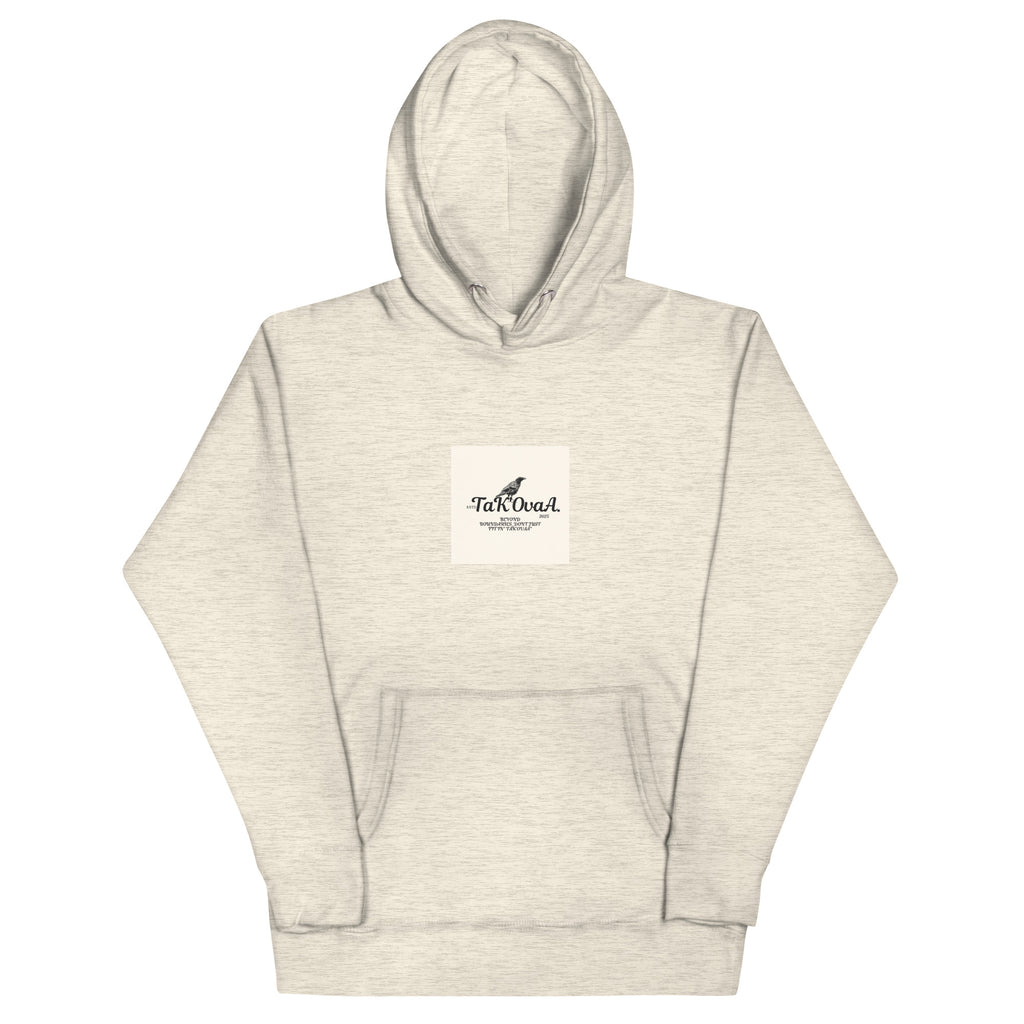 Beige hoodie with a logo on the chest against a white background