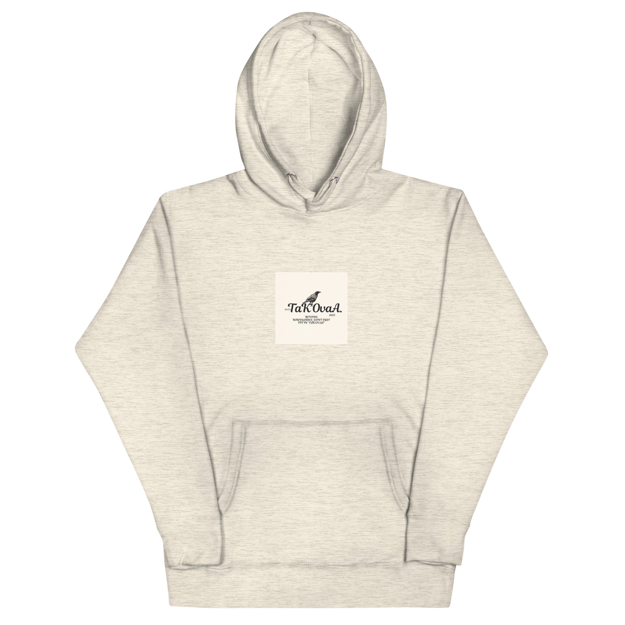 Beige hoodie with a logo on the chest against a white background