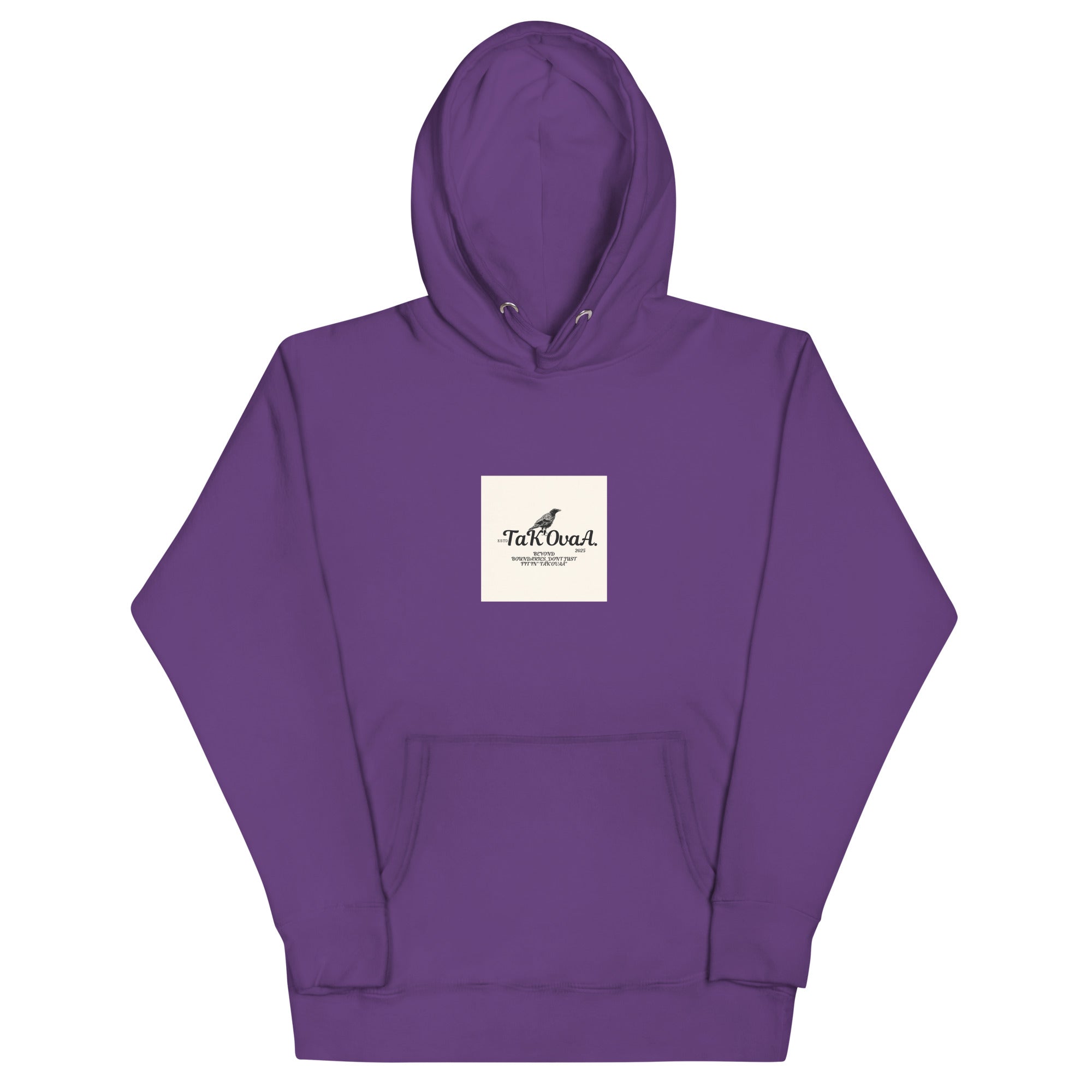 Purple hoodie with a white logo on a white background