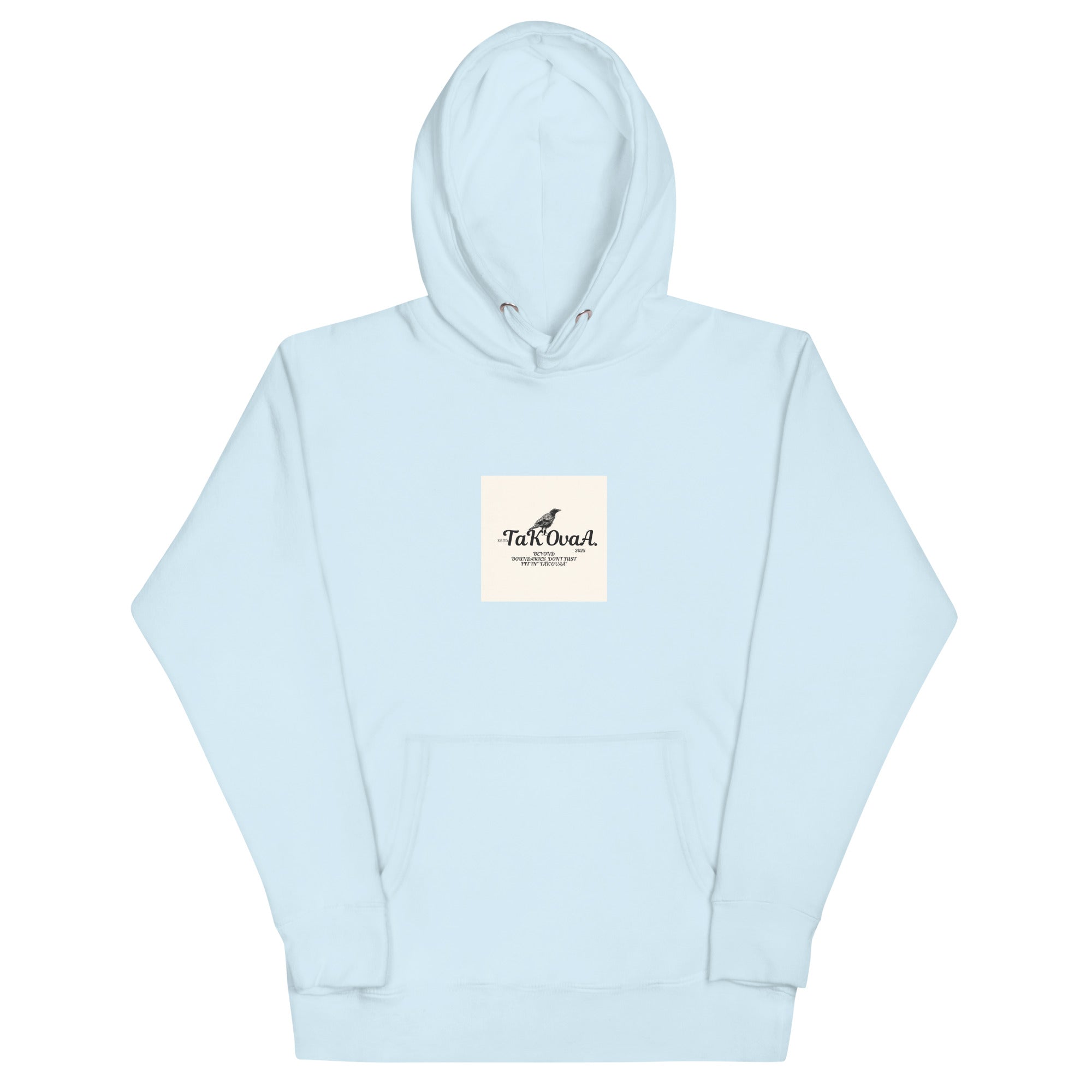 Light blue hoodie with a small logo on a white background
