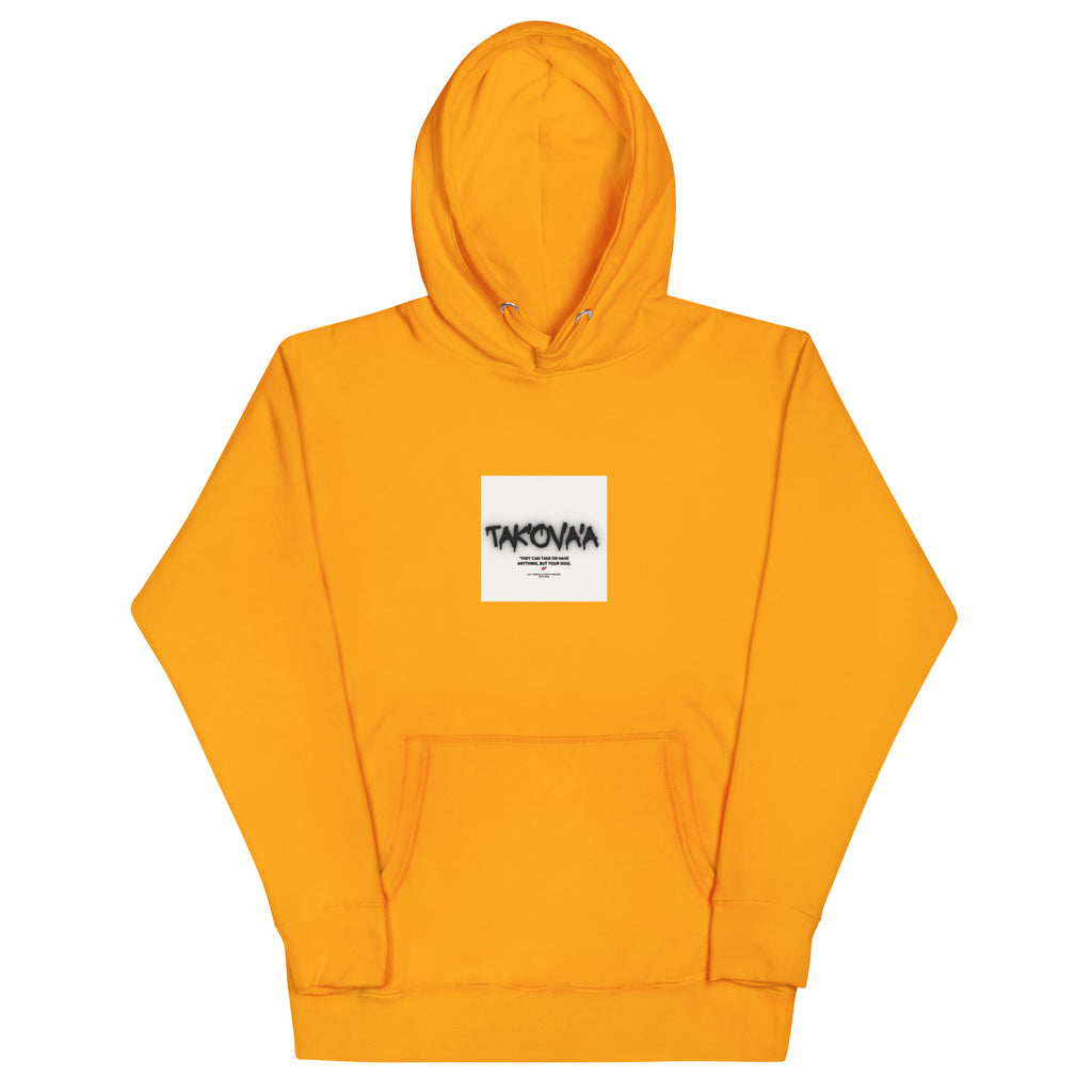 Orange hoodie with a white logo on a white background