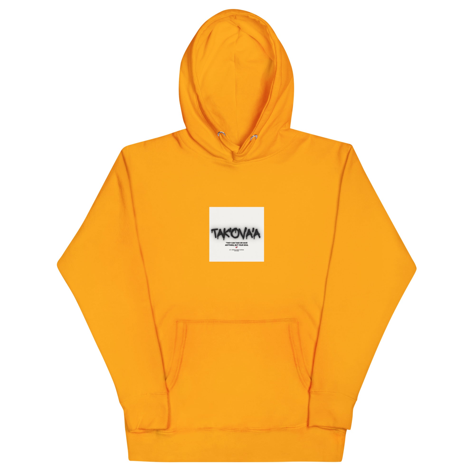 Orange hoodie with a white logo on a white background