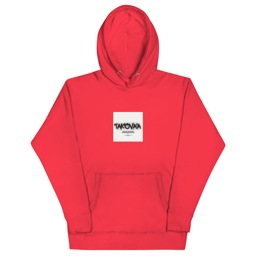 Red hoodie with a white logo on a white background