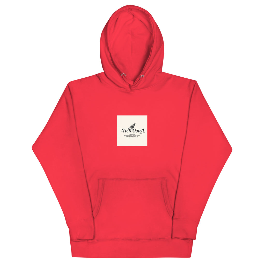 Red hoodie with a white logo on a white background