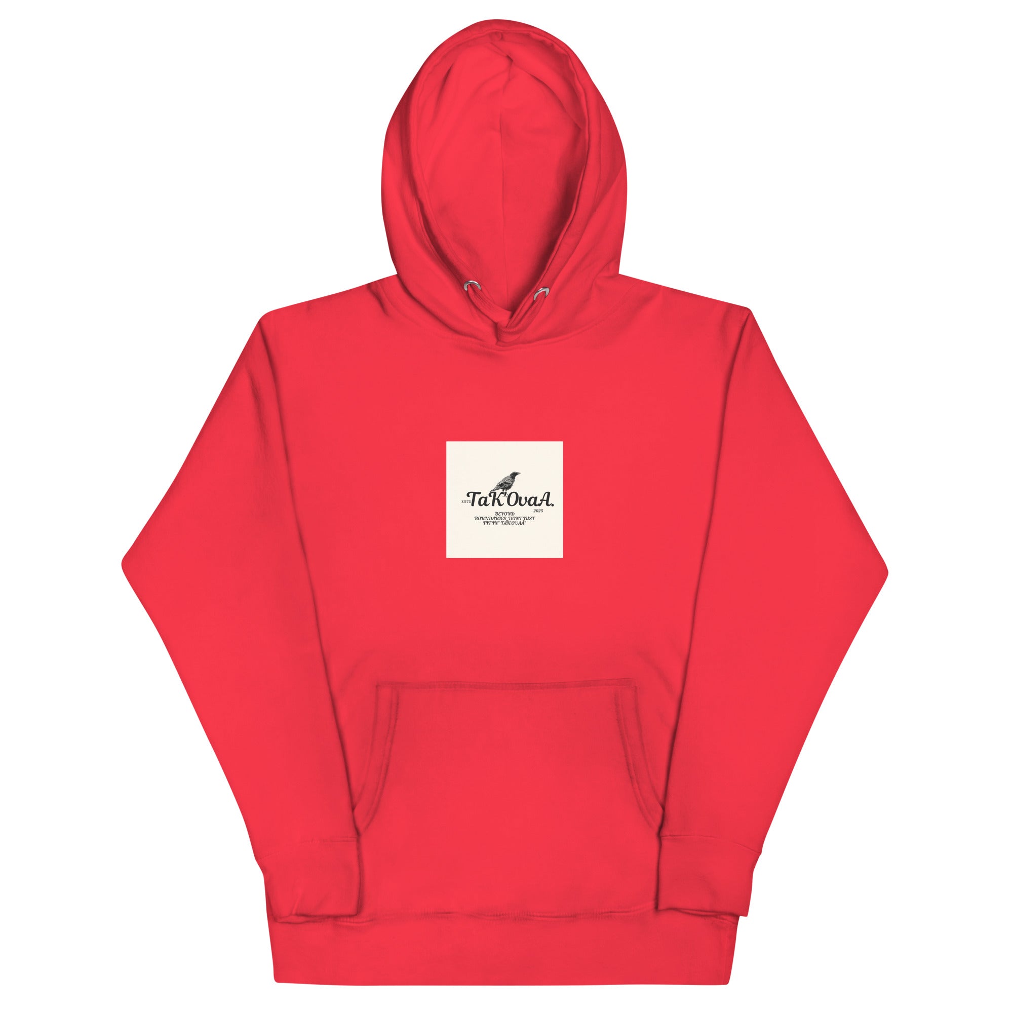 Red hoodie with a white logo on a white background