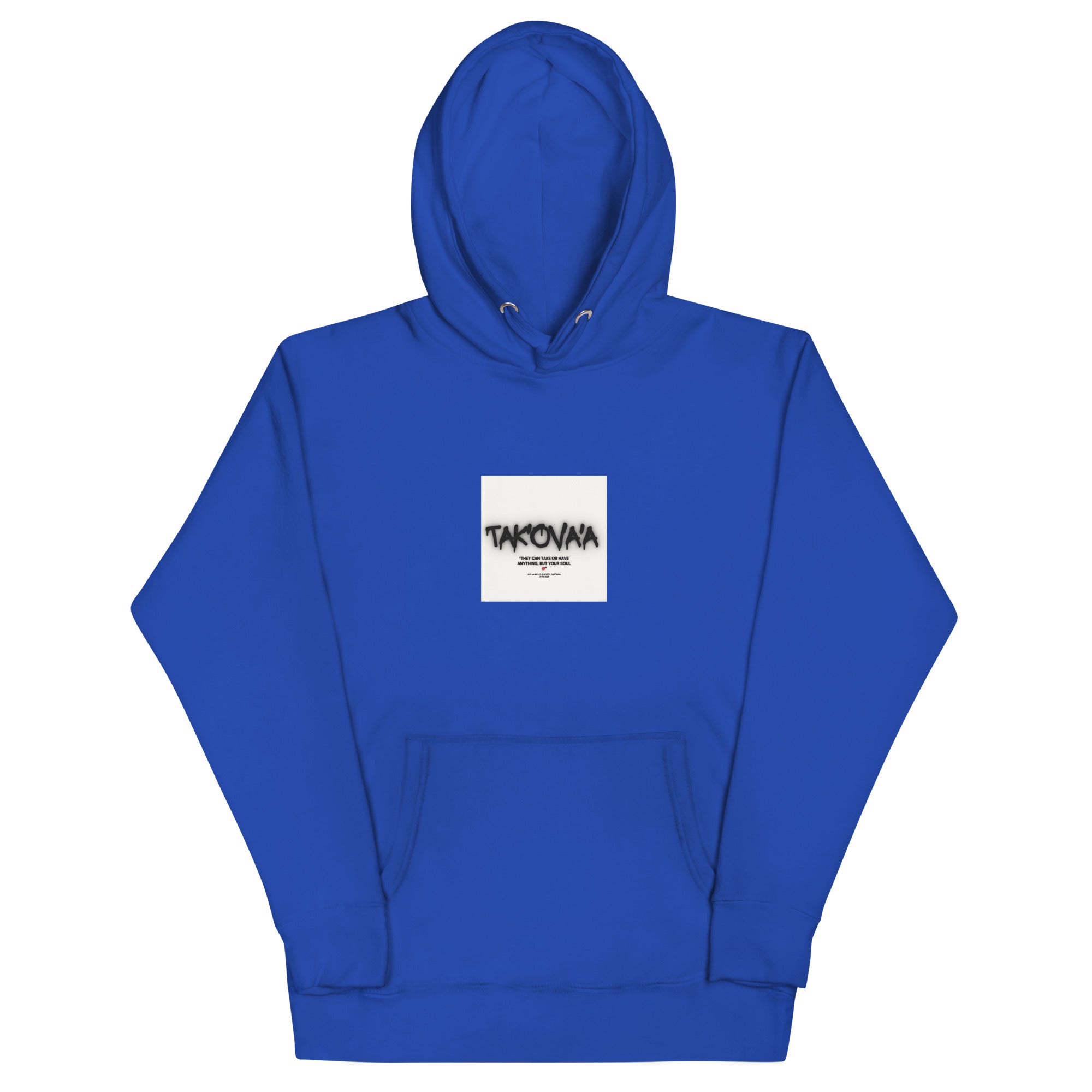 Blue hoodie with a white logo on a white background