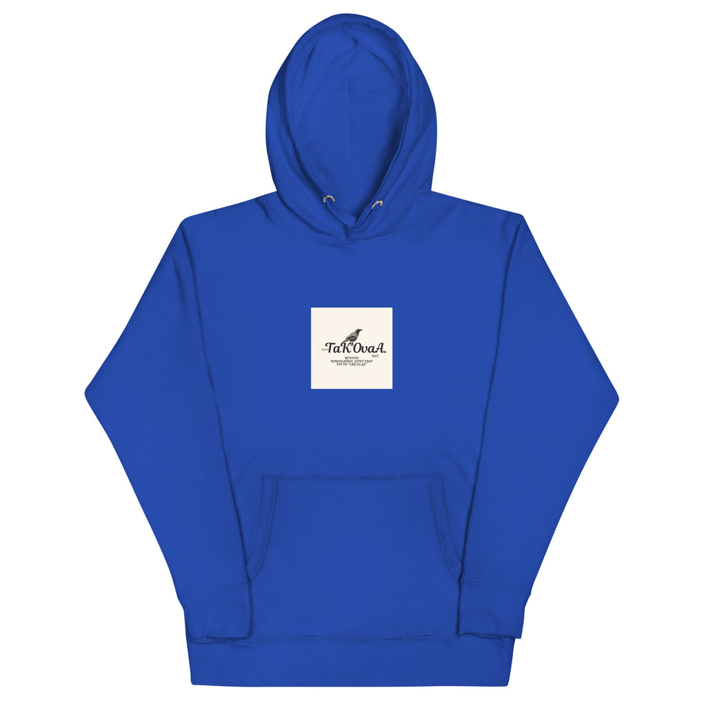 Blue hoodie with a white logo on a white background