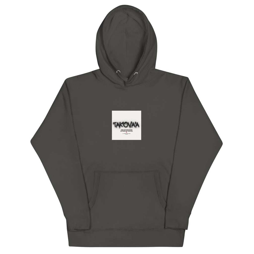 Dark gray hoodie with a white logo on a white background