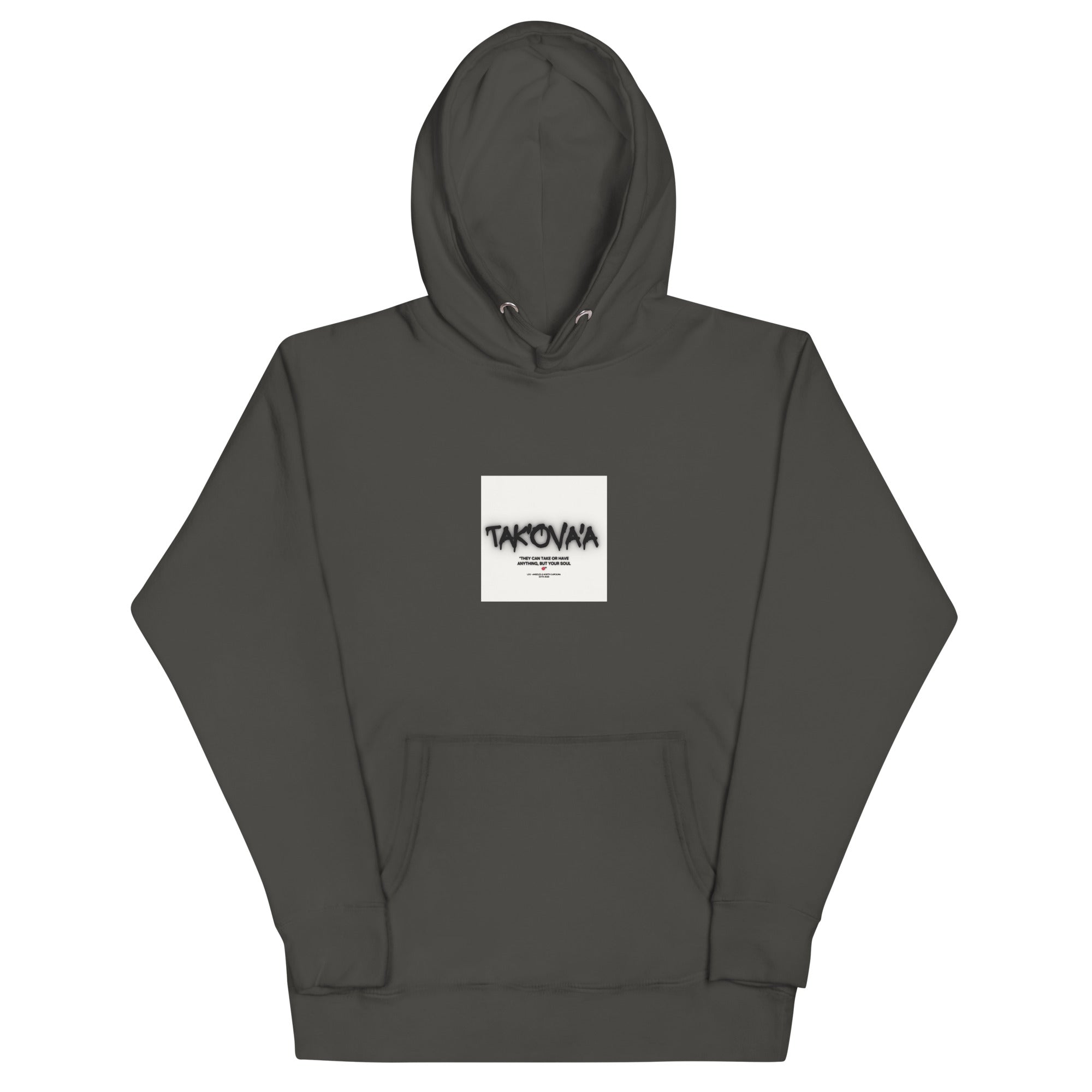 Dark gray hoodie with a white logo on a white background