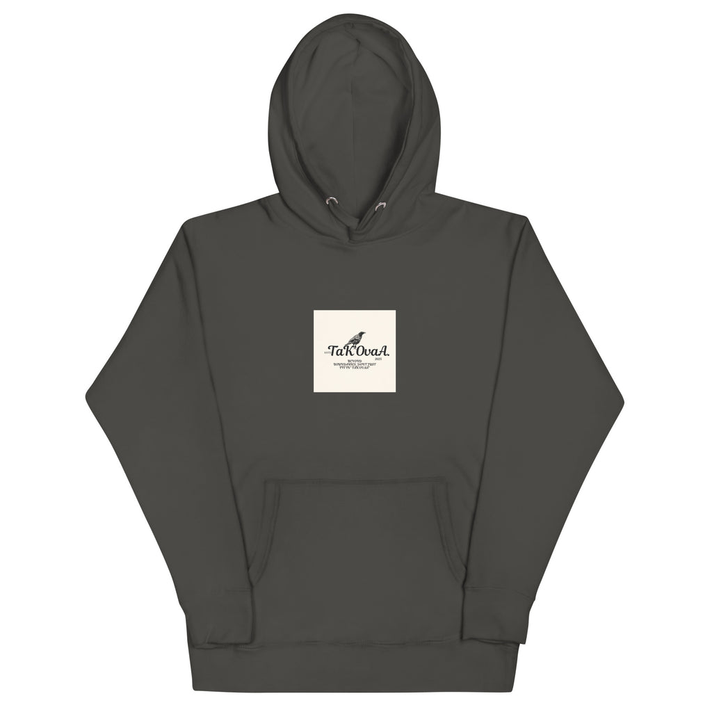 Dark gray hoodie with a white logo on a white background