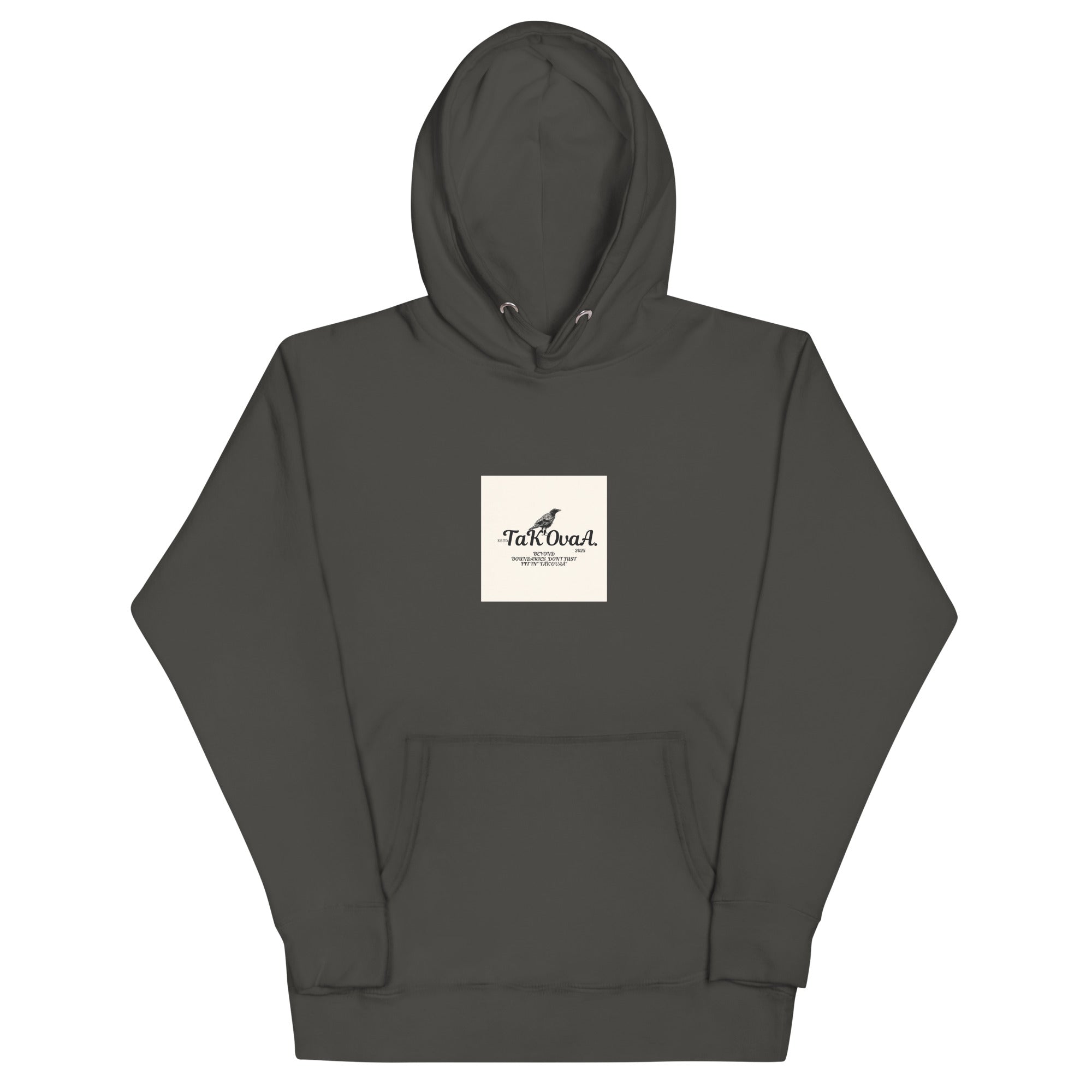 Dark gray hoodie with a white logo on a white background