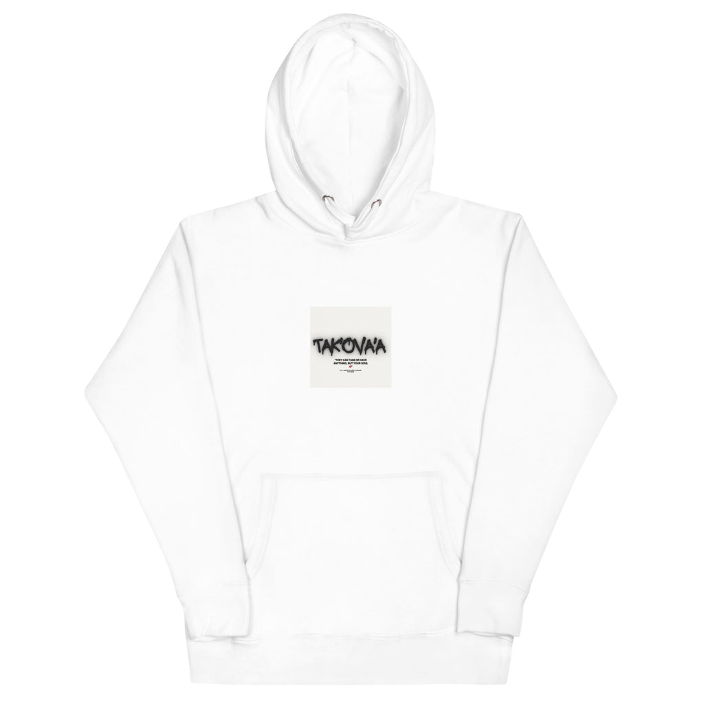 White hoodie with a small logo on the chest against a white background
