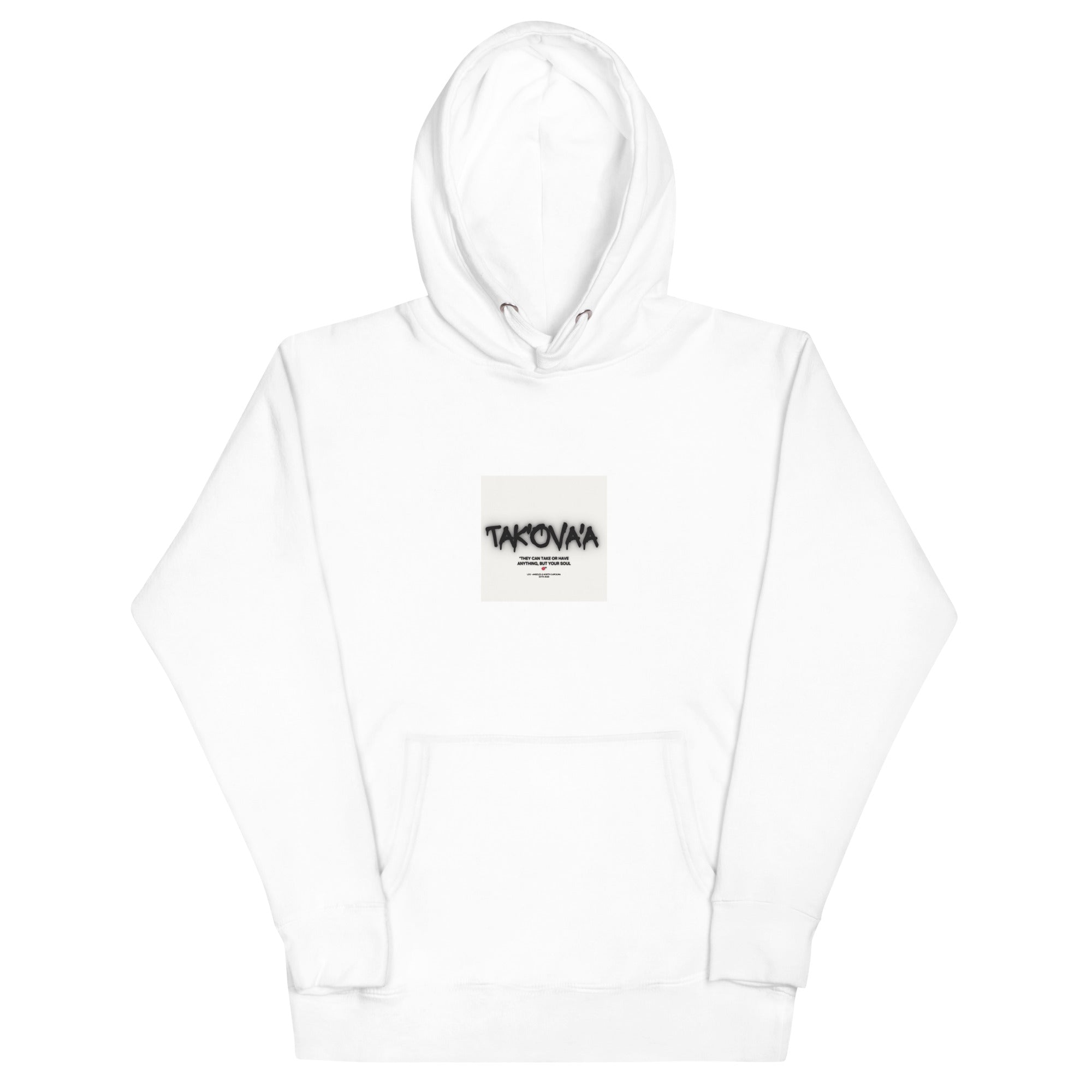 White hoodie with a small logo on the chest against a white background