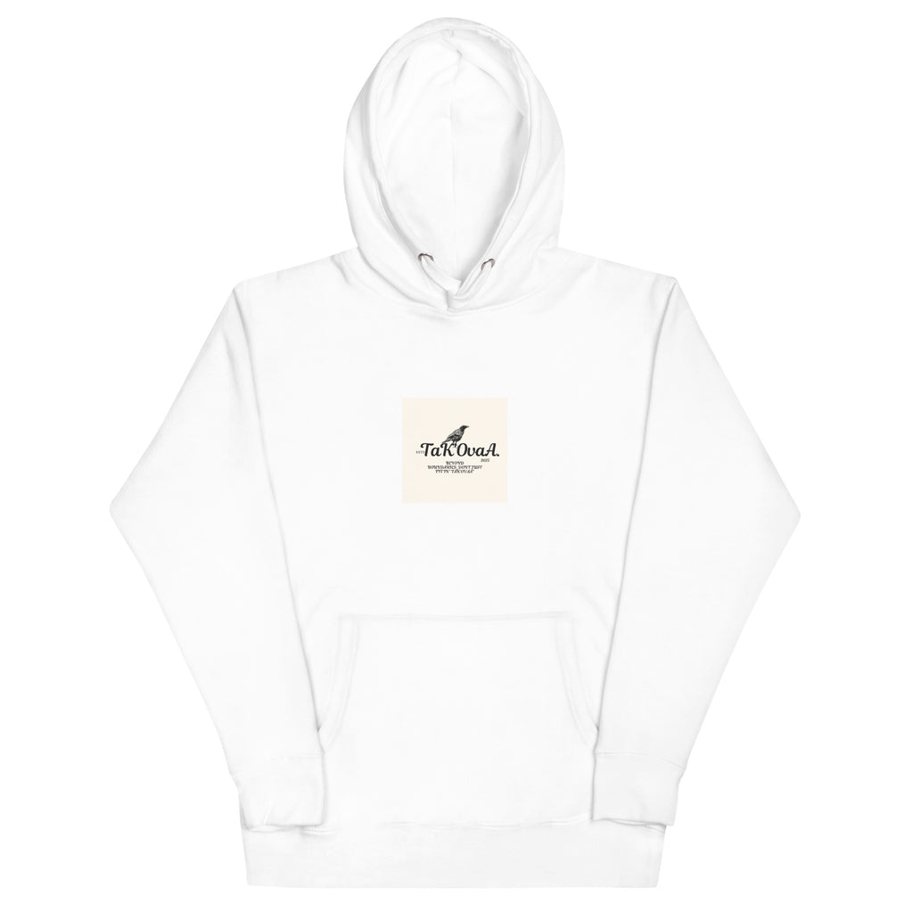White hoodie with a small logo on the chest against a white background
