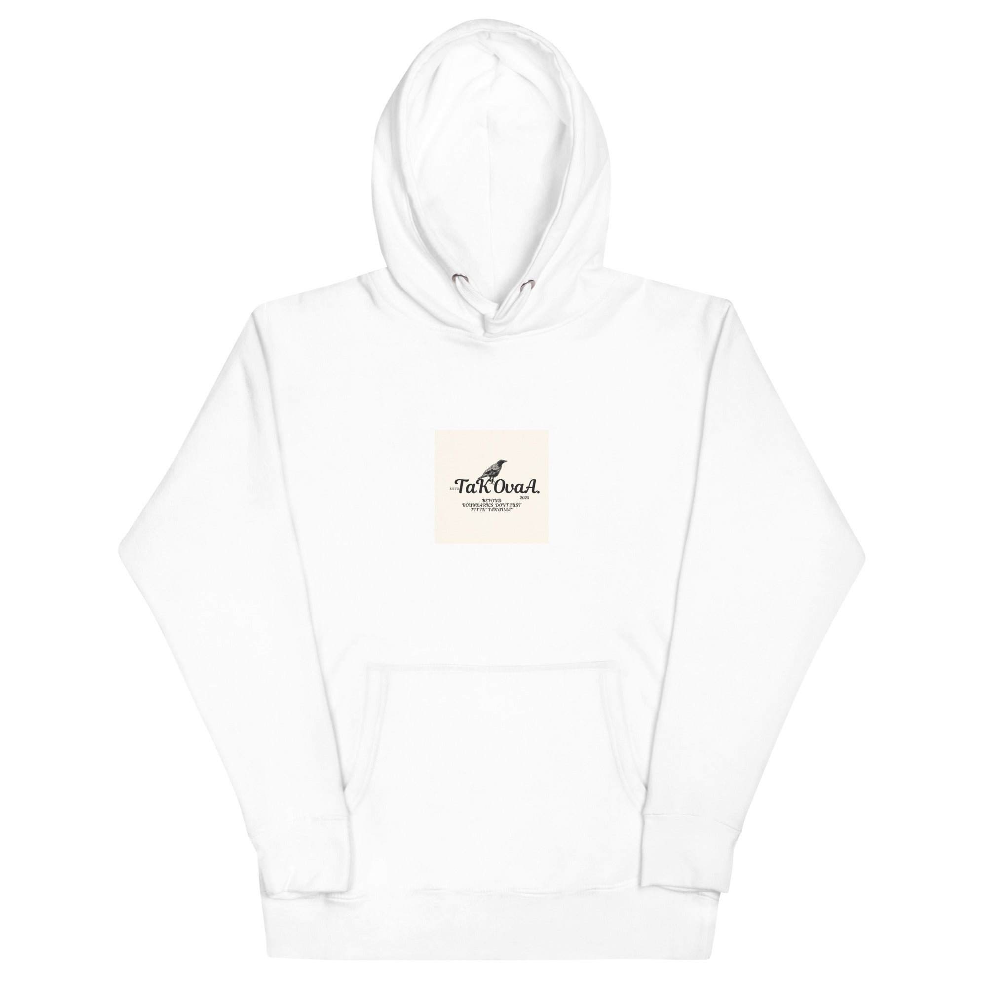 White hoodie with a small logo on the chest against a white background