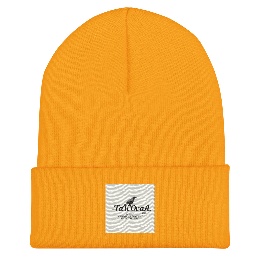 Orange beanie with a label on a white background