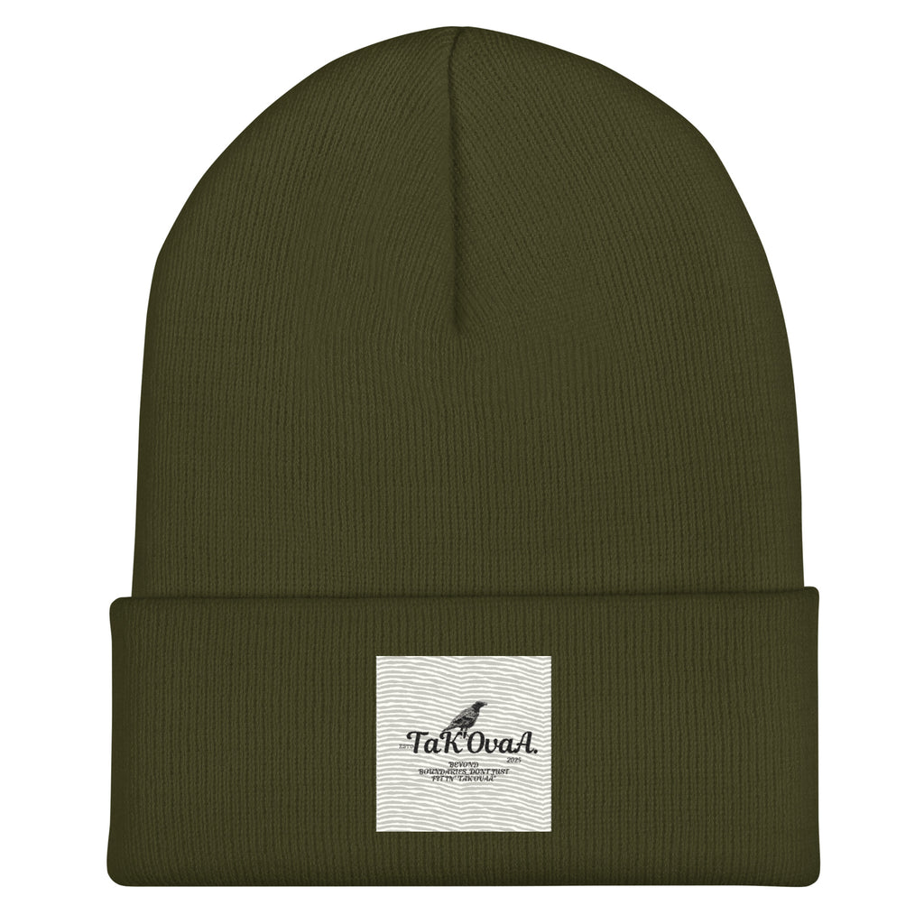 Green beanie with a label on a white background
