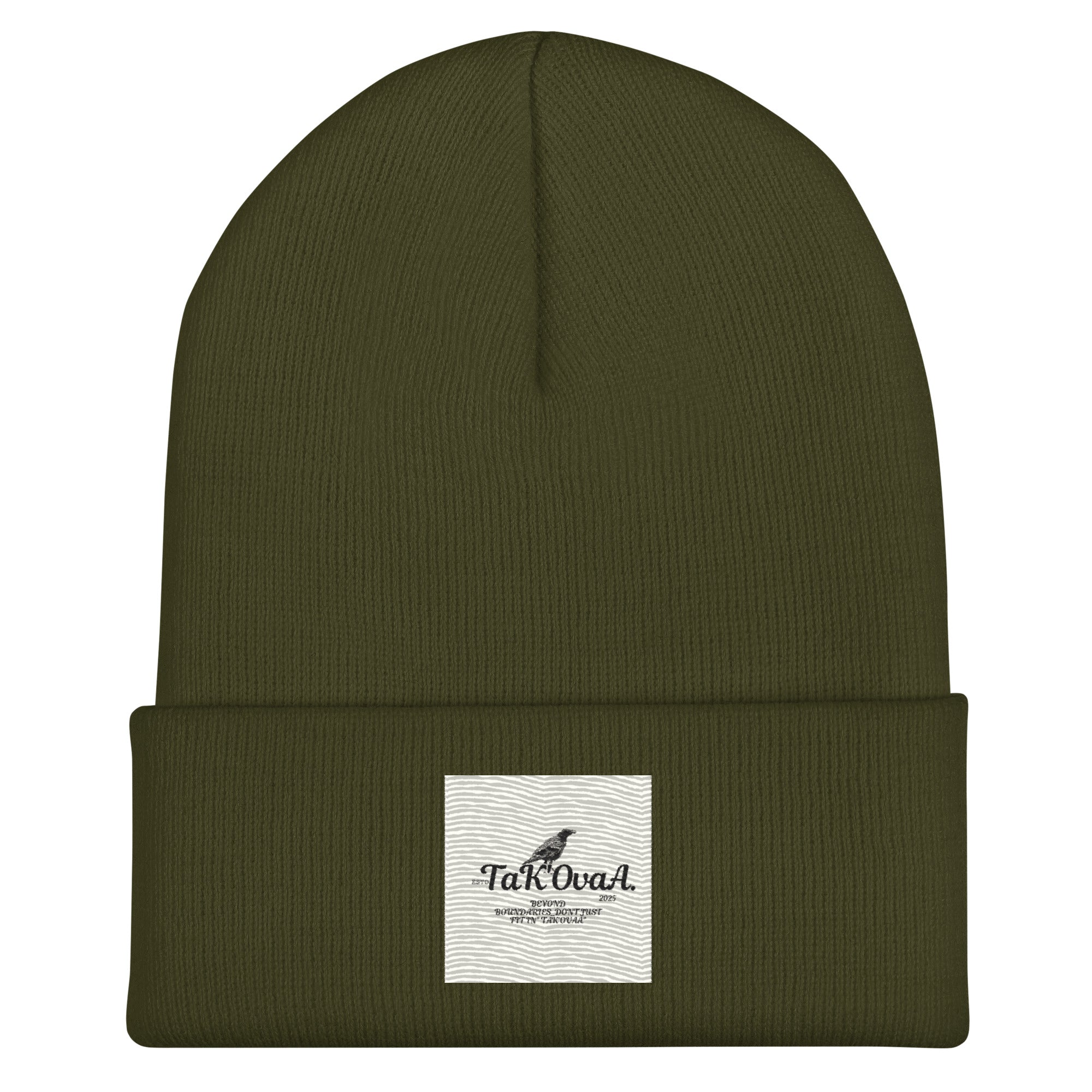 Green beanie with a label on a white background