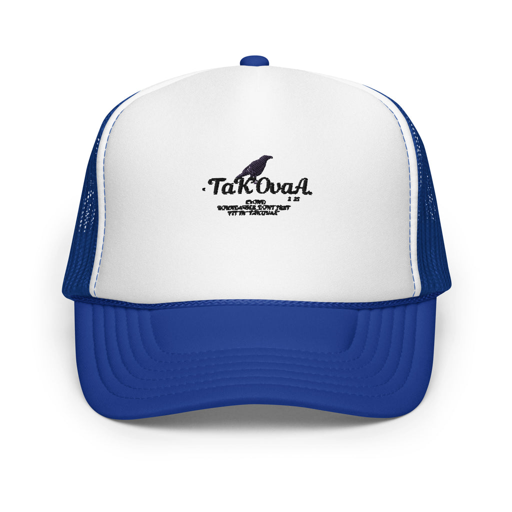 Blue and white trucker hat with a logo on a white background