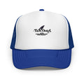 Blue and white trucker hat with a logo on a white background