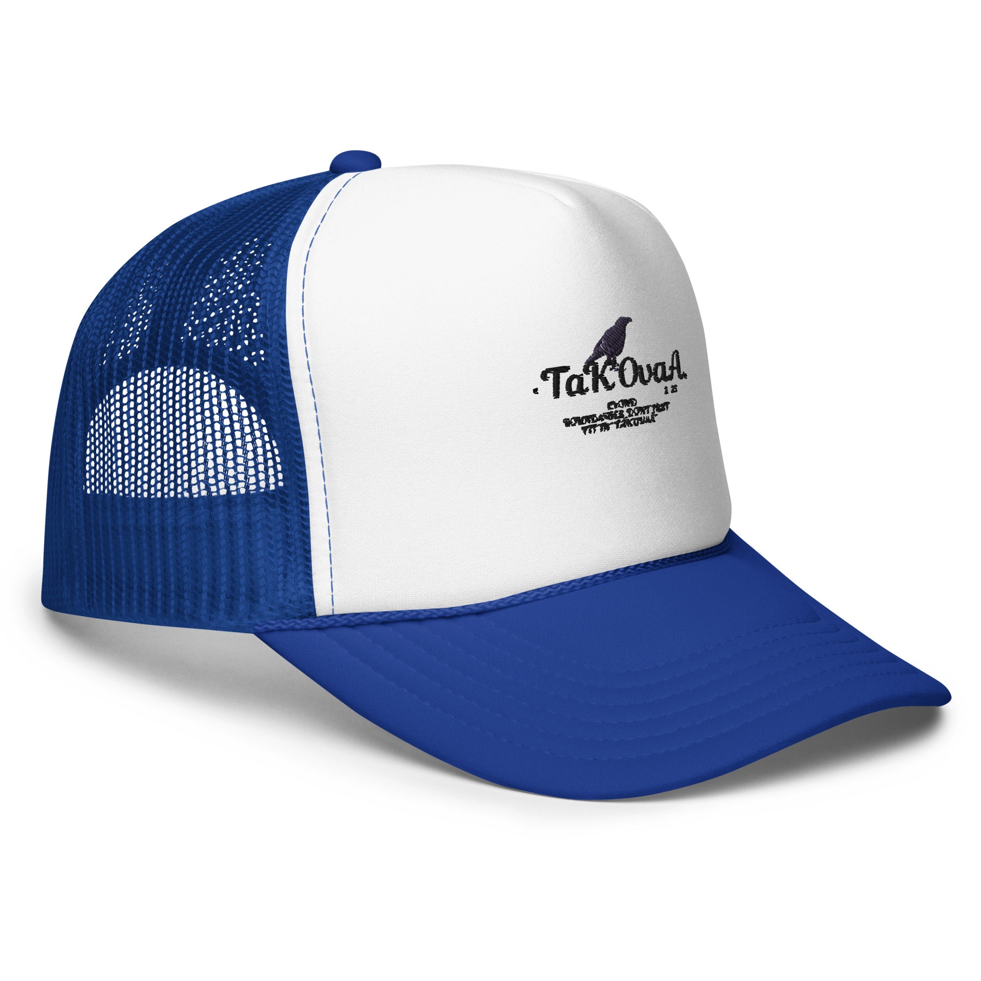 Blue and white trucker hat with mesh back on a white background