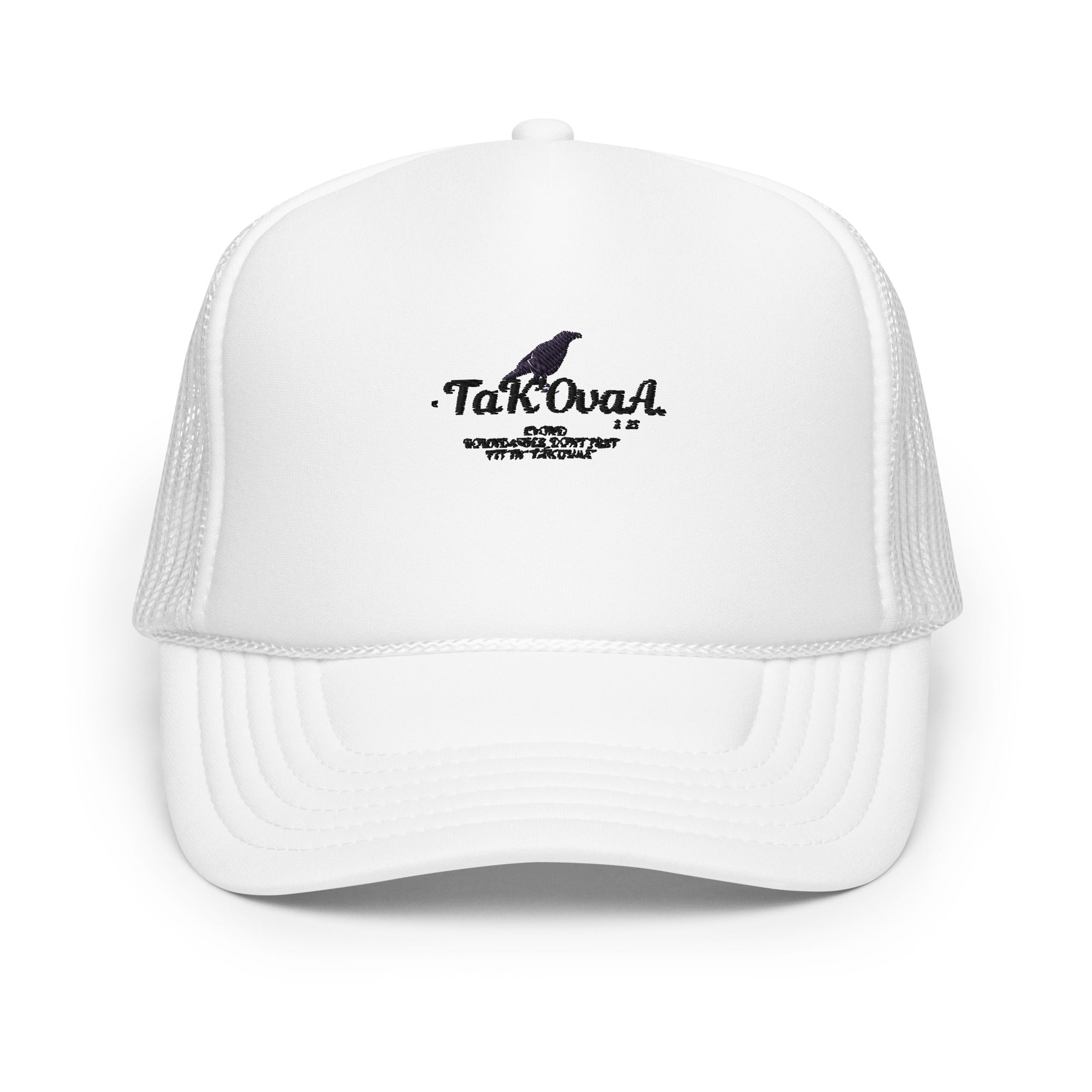 White trucker cap with black logo on a white background