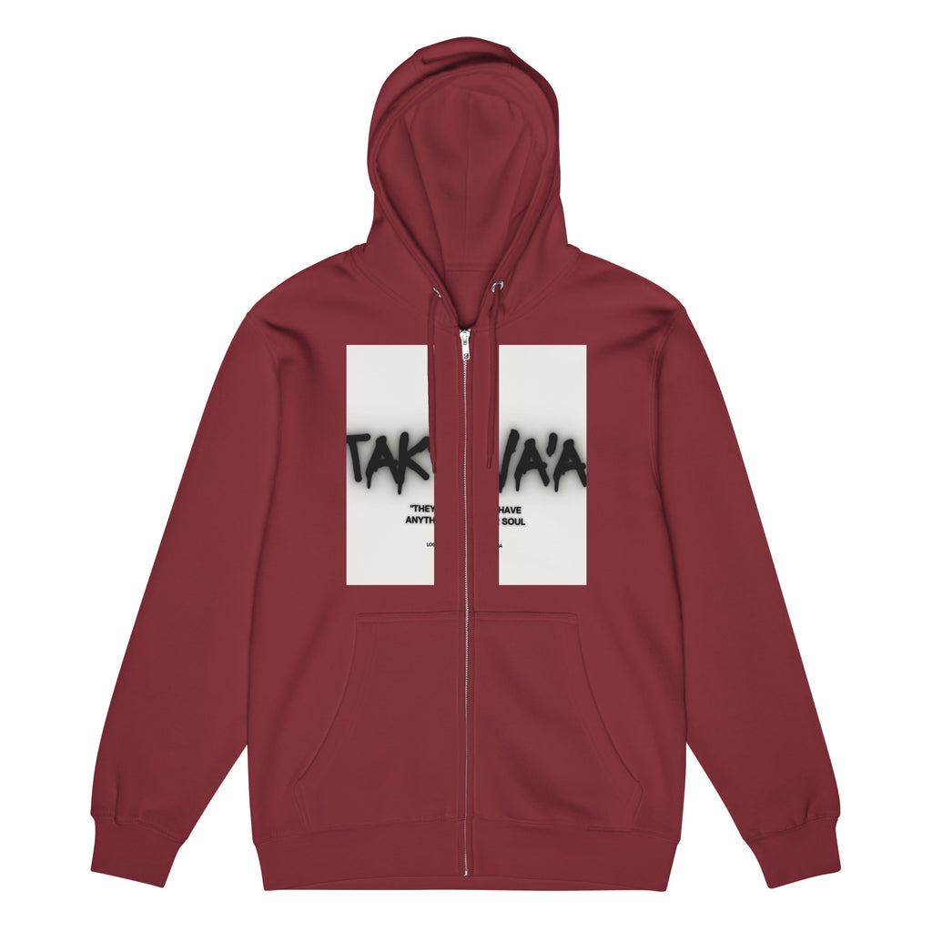 Maroon hoodie with white panels displaying black text on a white background