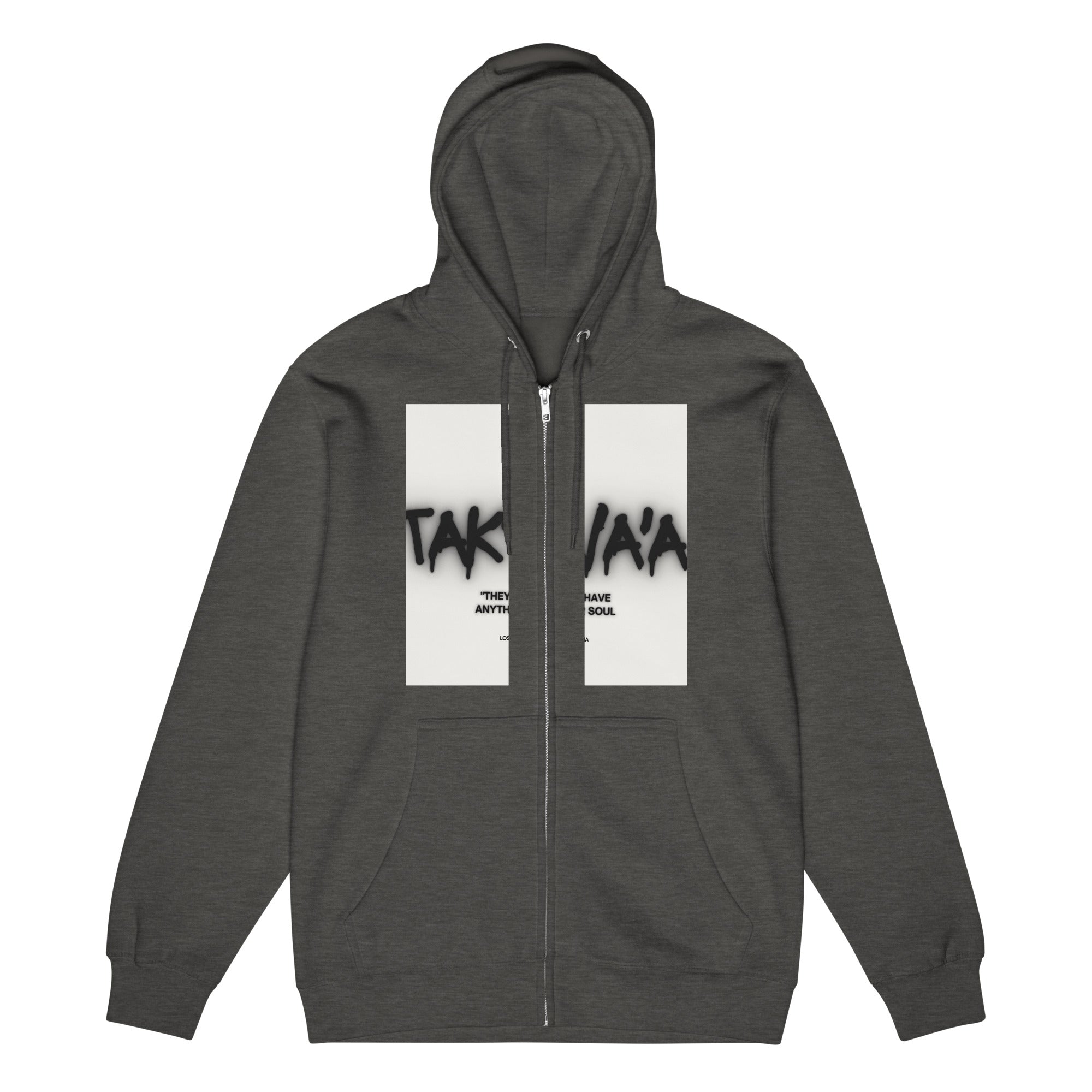 Dark gray hoodie with a white graphic on a white background