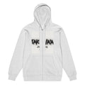 Gray hoodie with black text on a white background