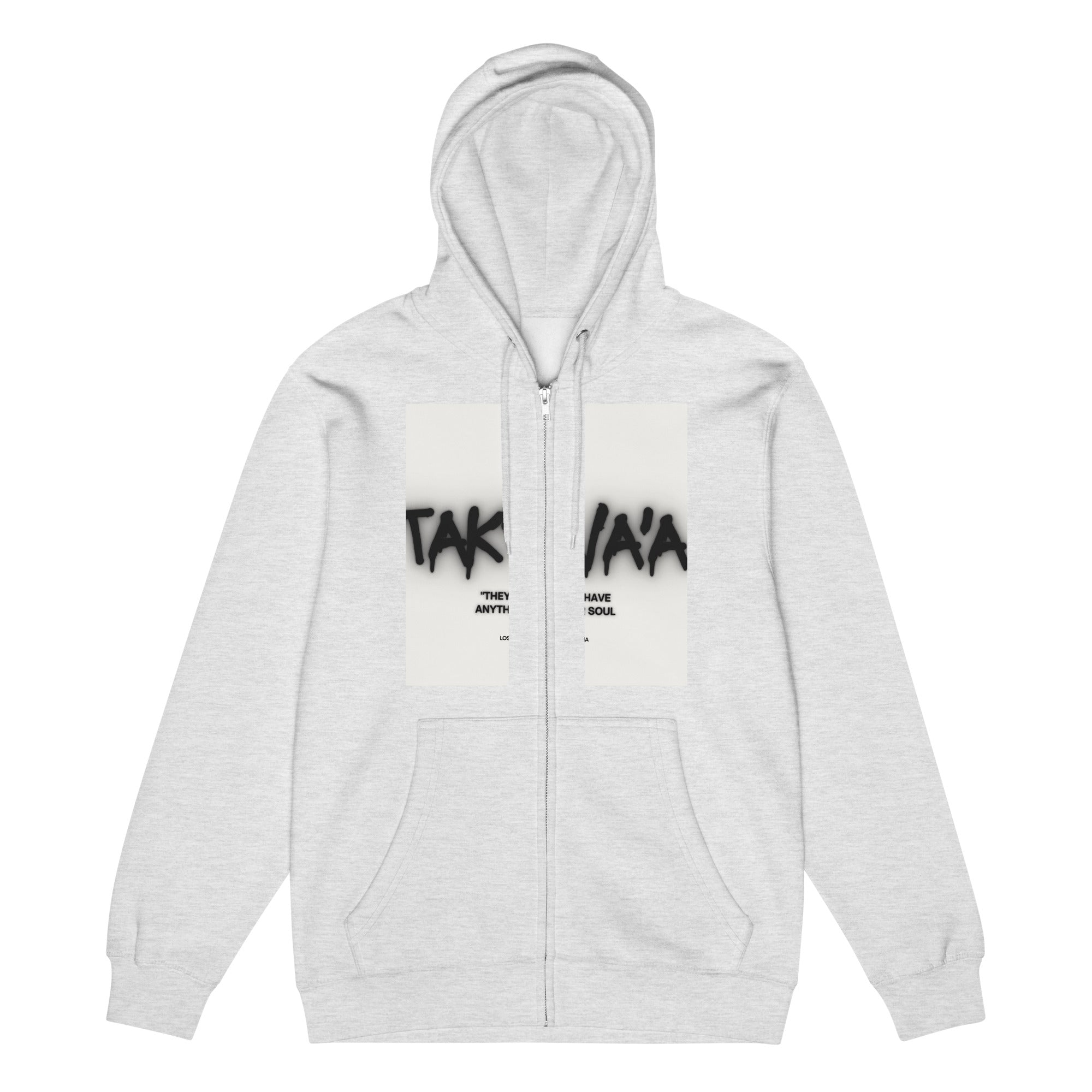 Gray hoodie with black text on a white background