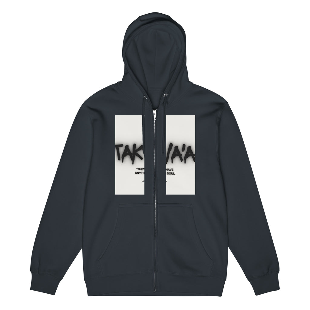 Black hoodie with white panels displaying text on a white background
