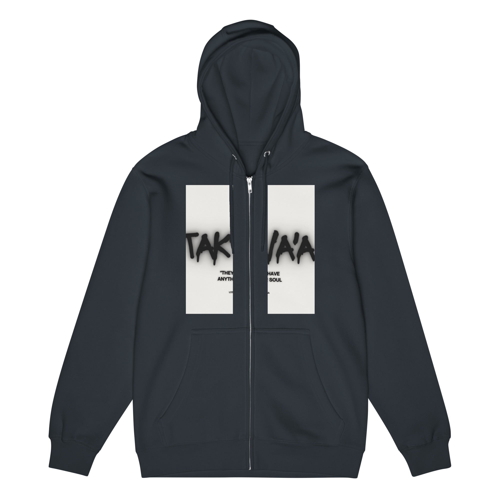 Black hoodie with white panels displaying text on a white background