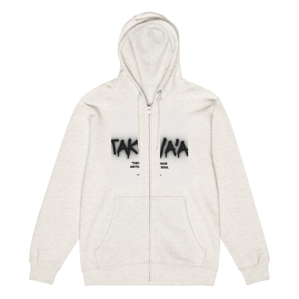 White hoodie with black text on a white background