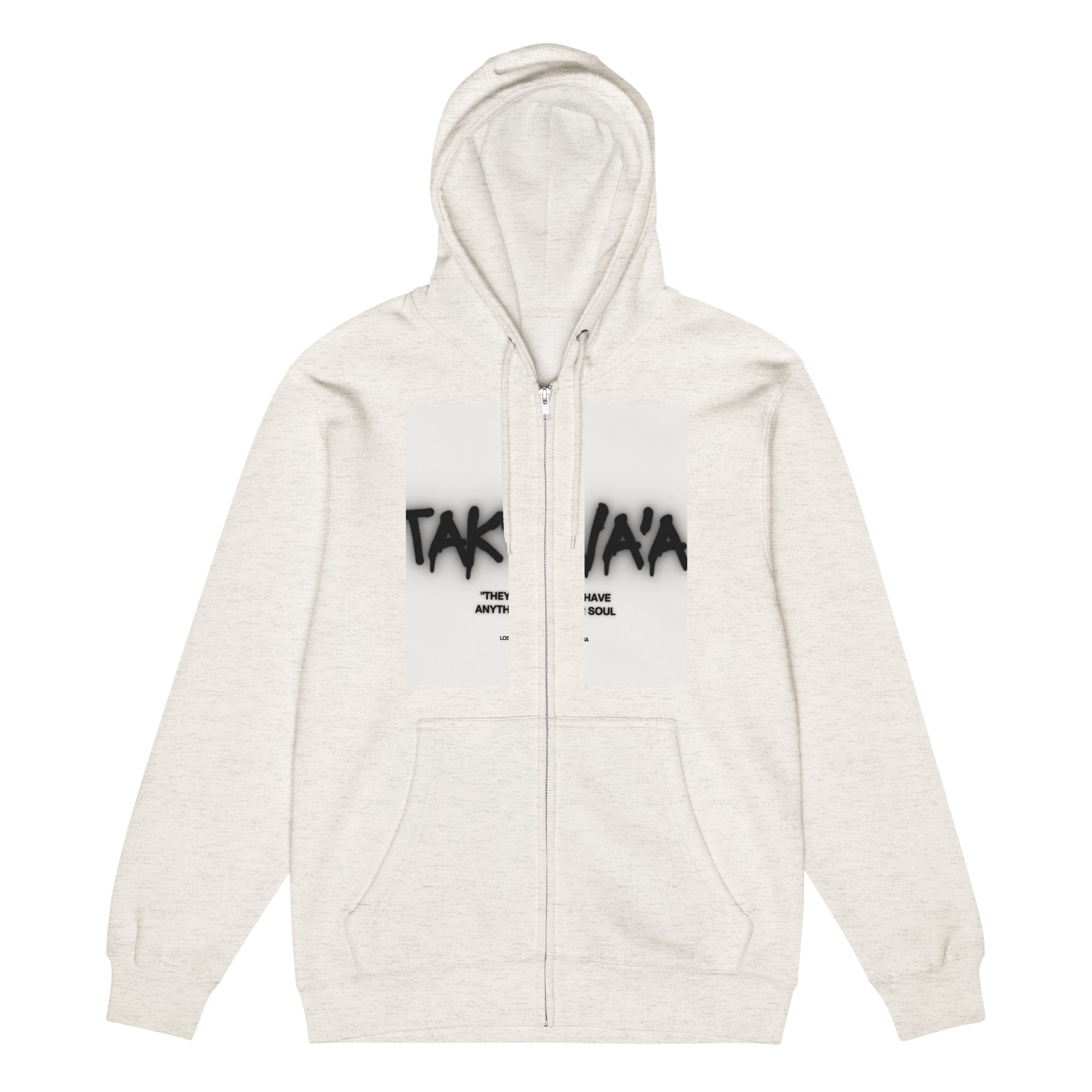 White hoodie with black text on a white background