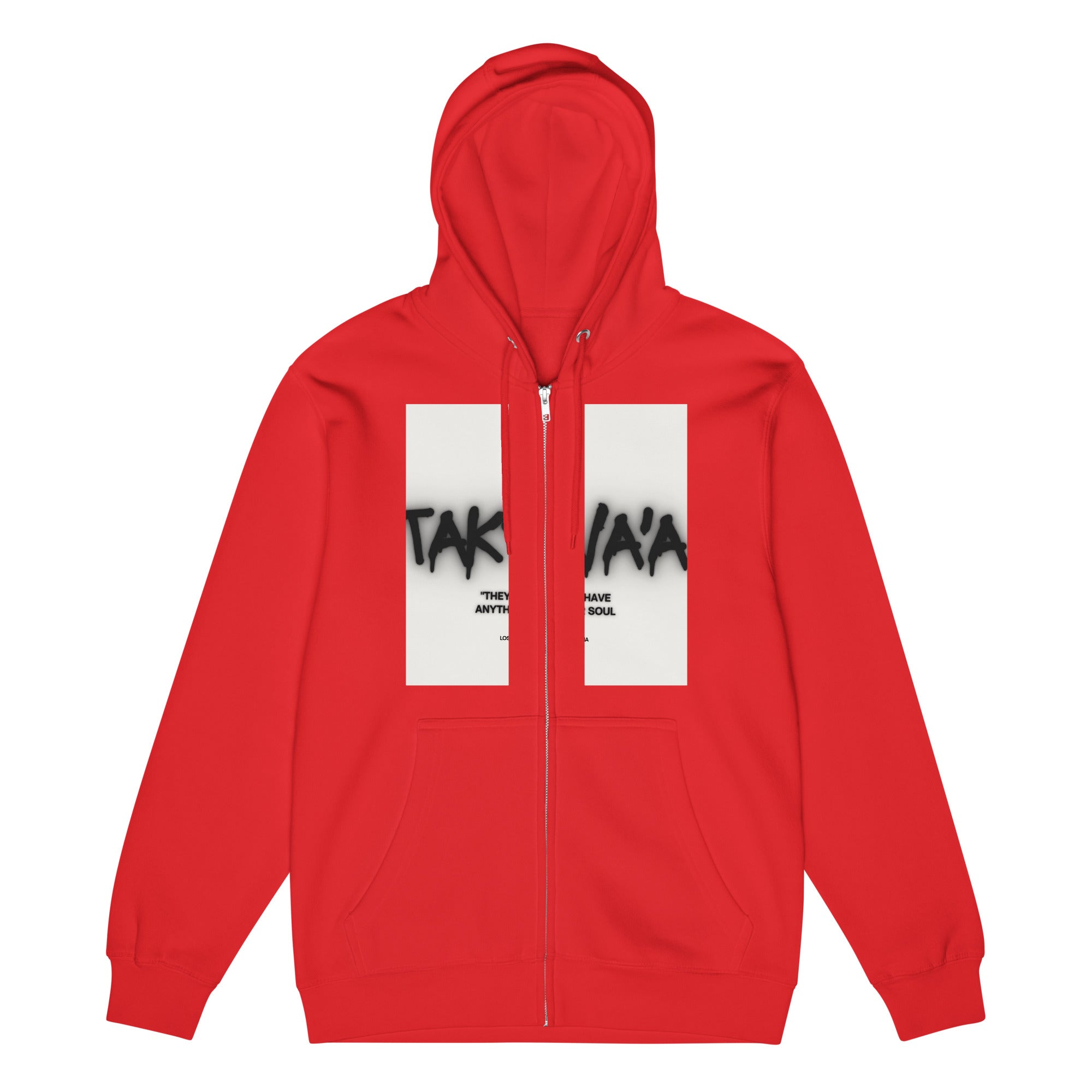 Red hoodie with white panels featuring black text on a white background