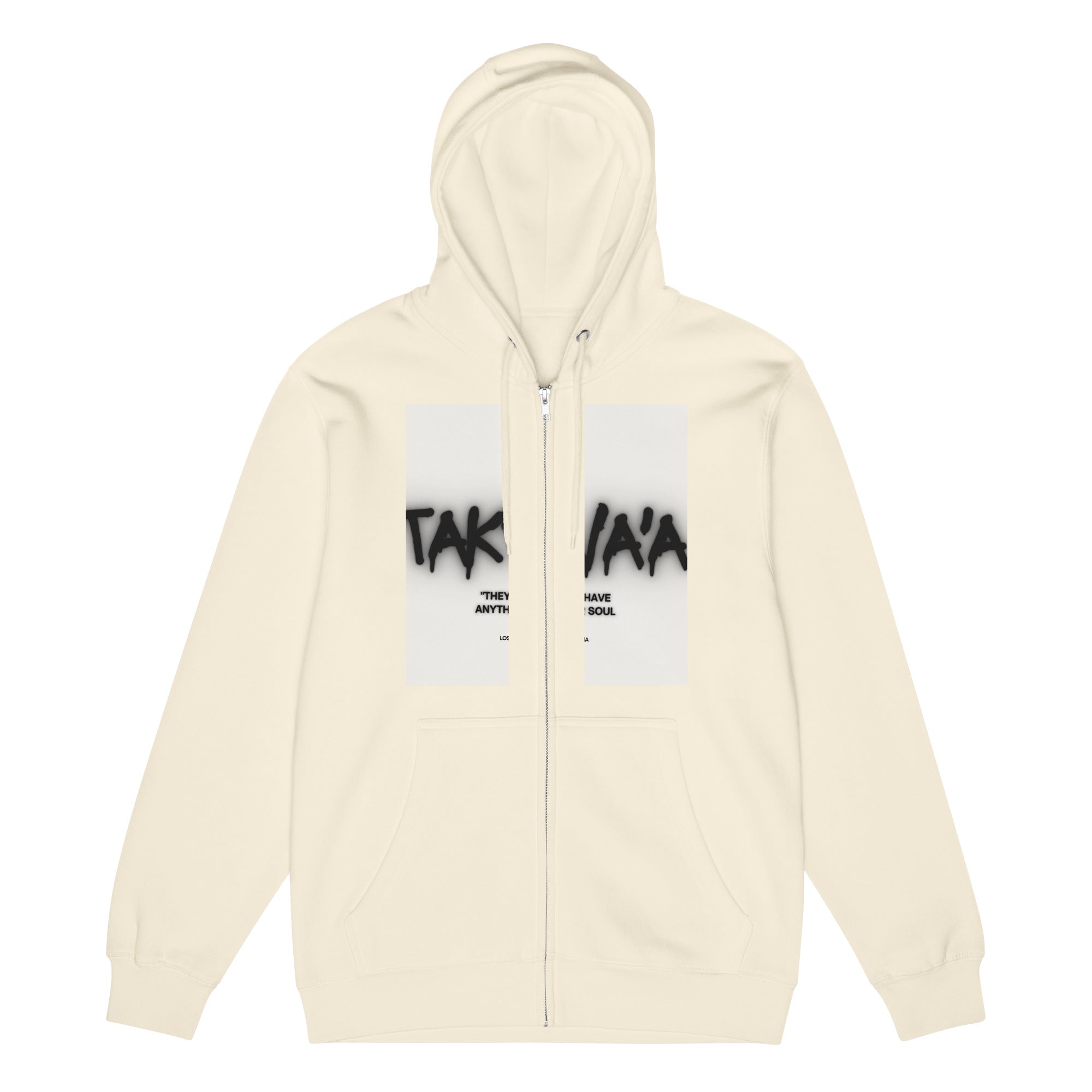 Beige hoodie with graphic designs on a white background