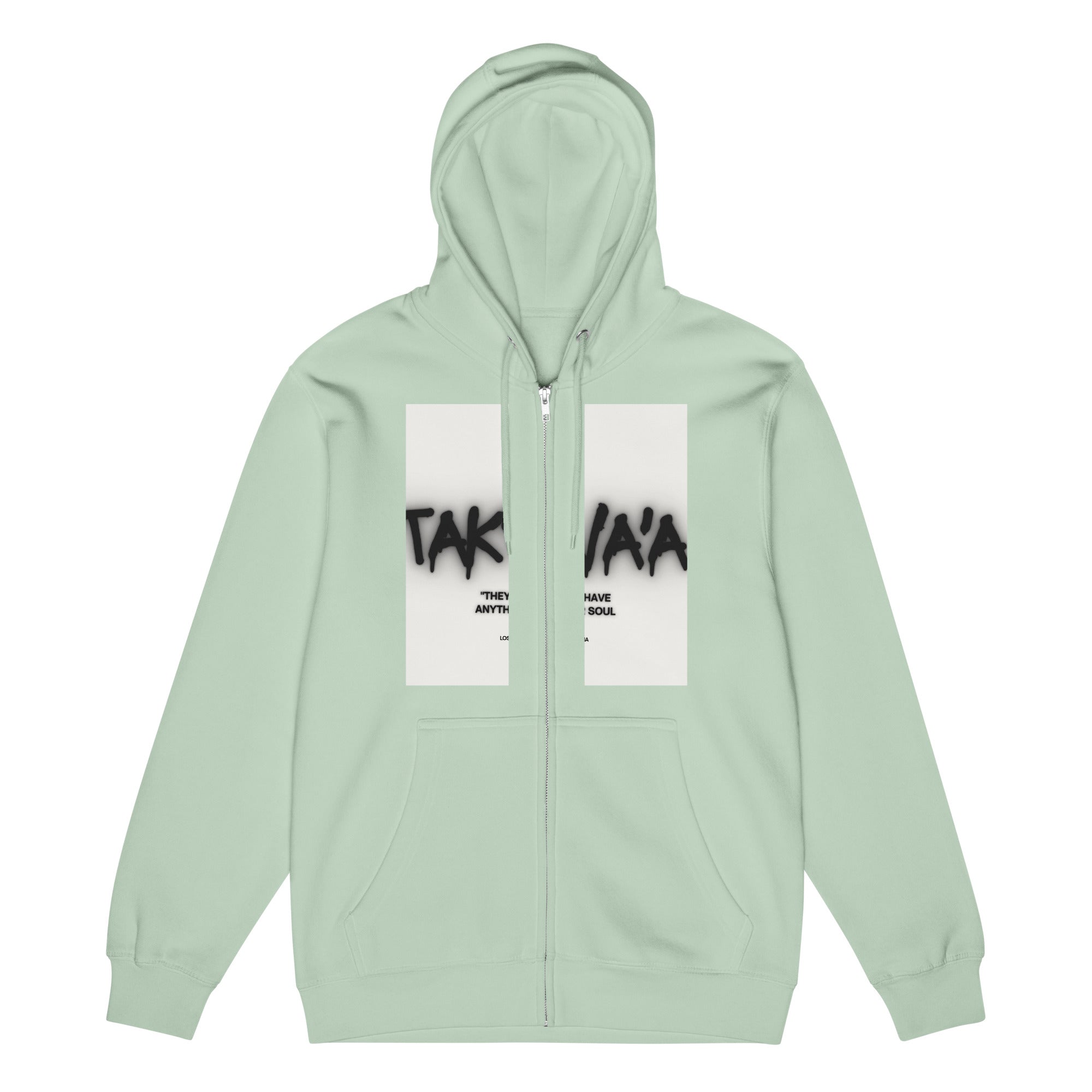 Light green hoodie with text design on a white background