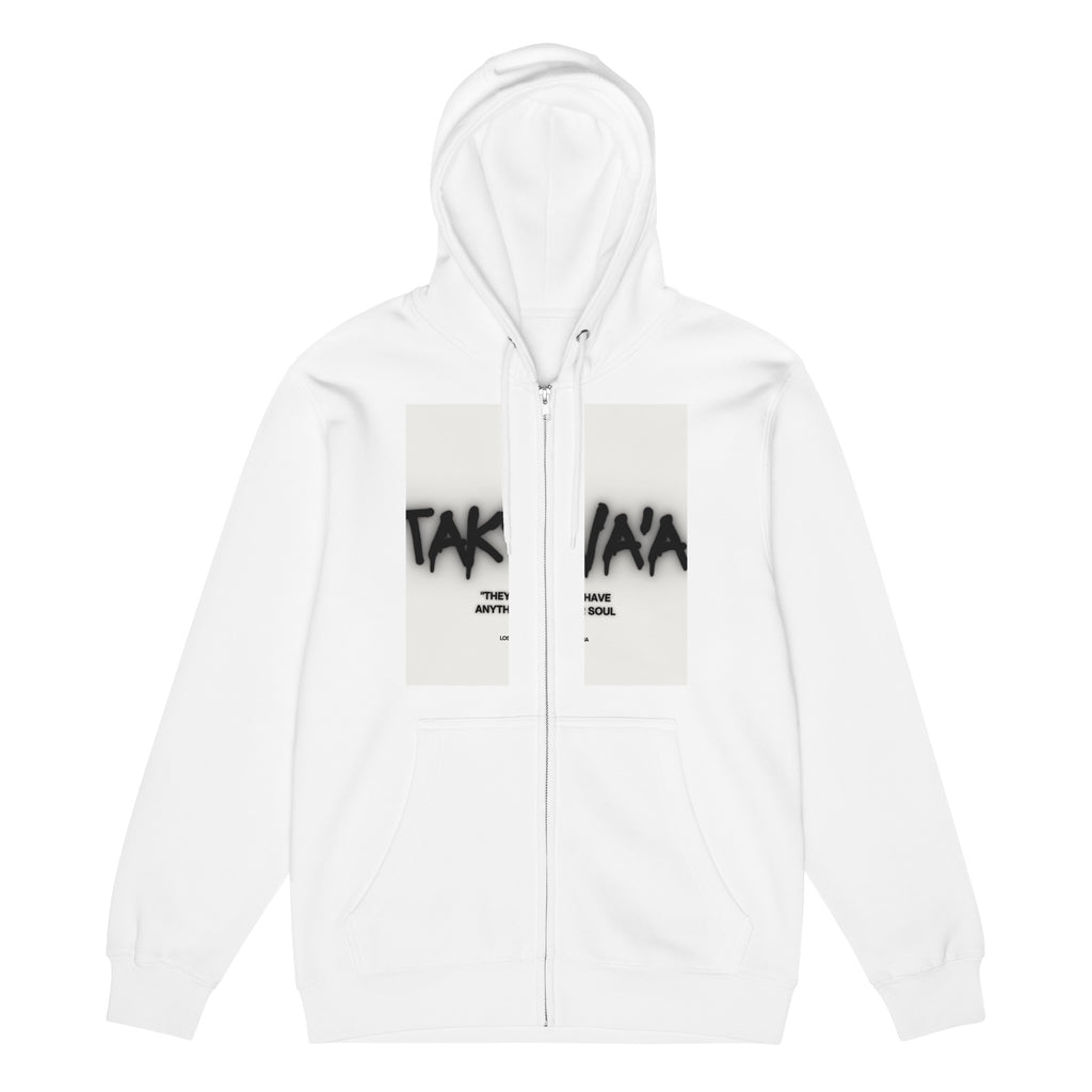 White hoodie with black text on a white background