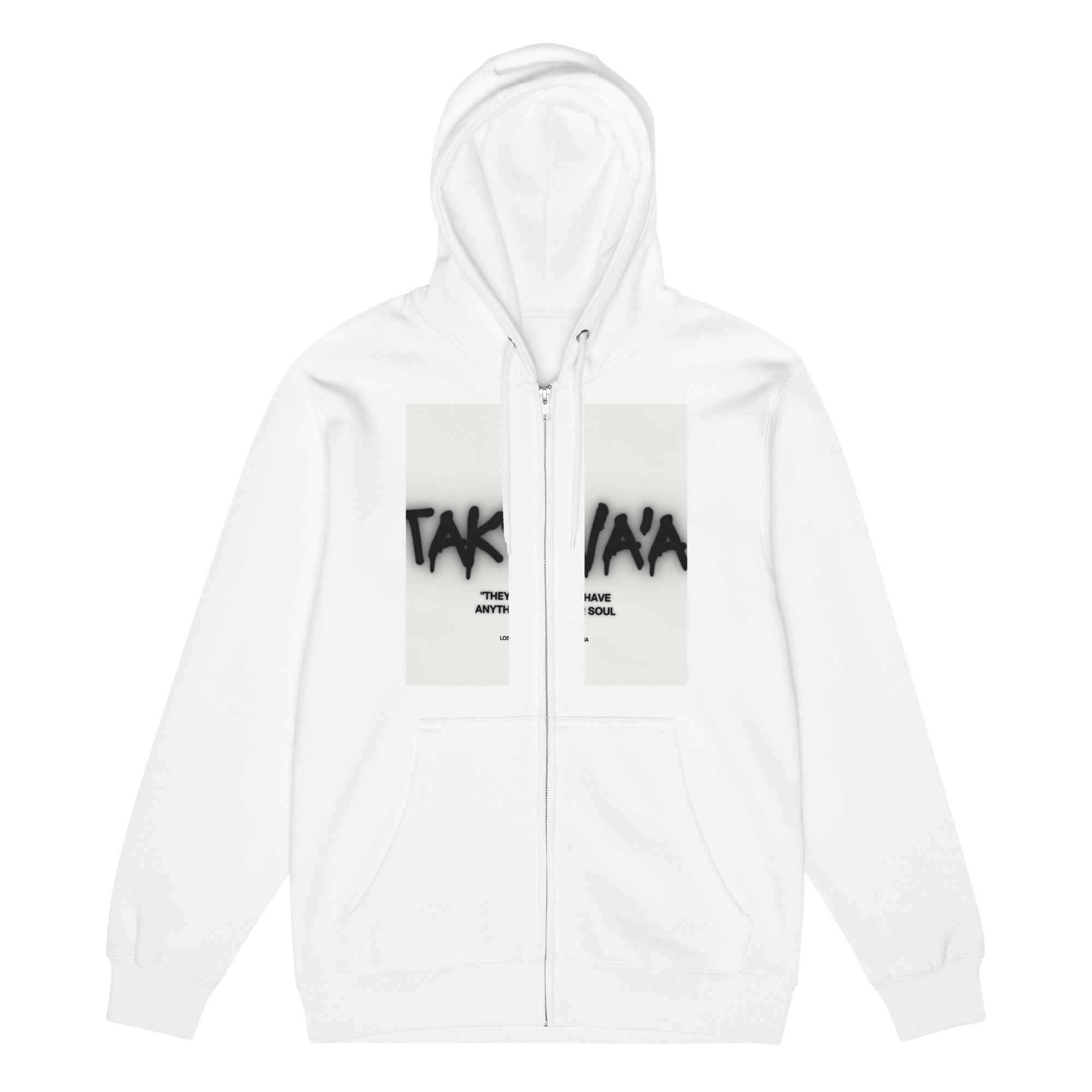 White hoodie with black text on a white background