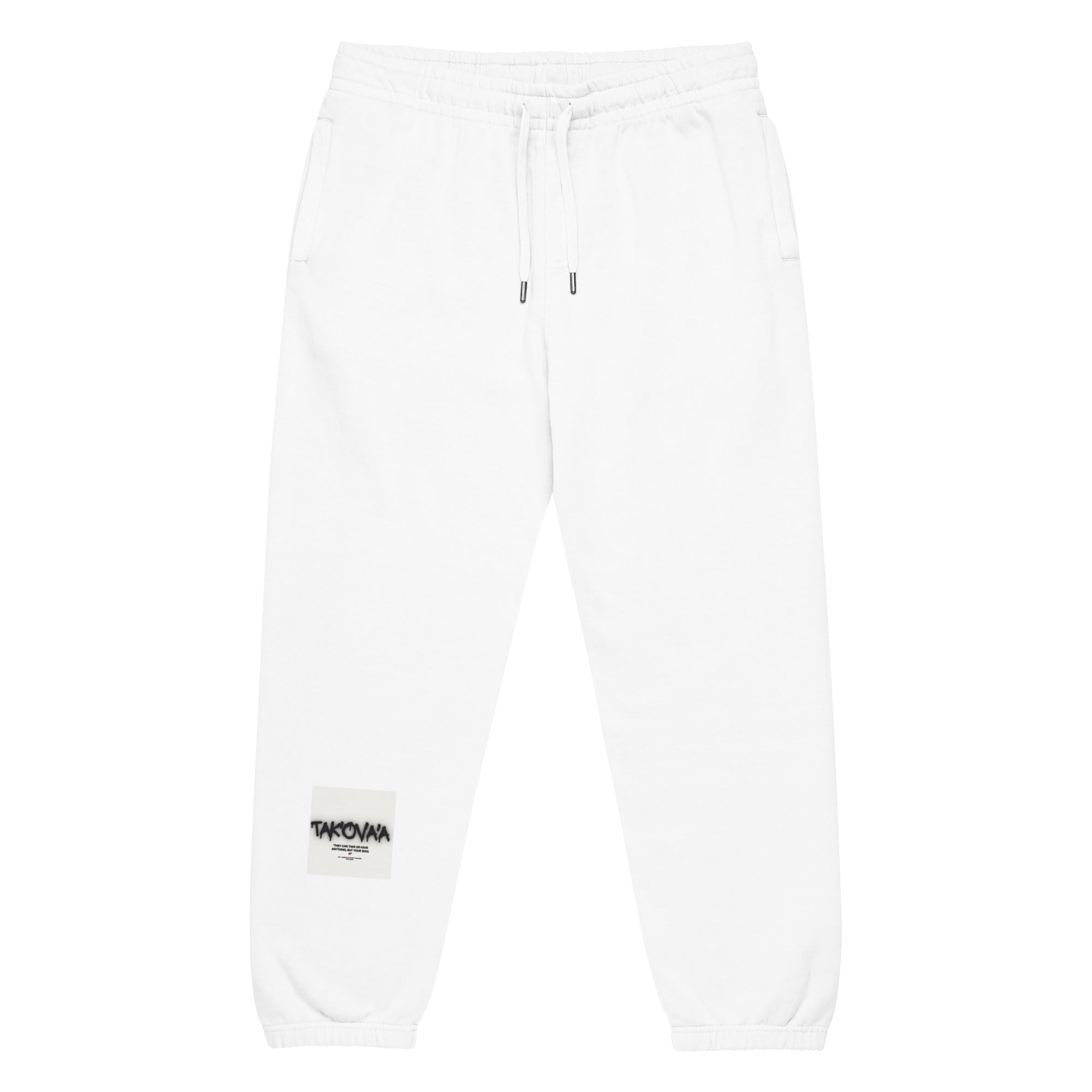 White sweatpants with a brand logo on a white background