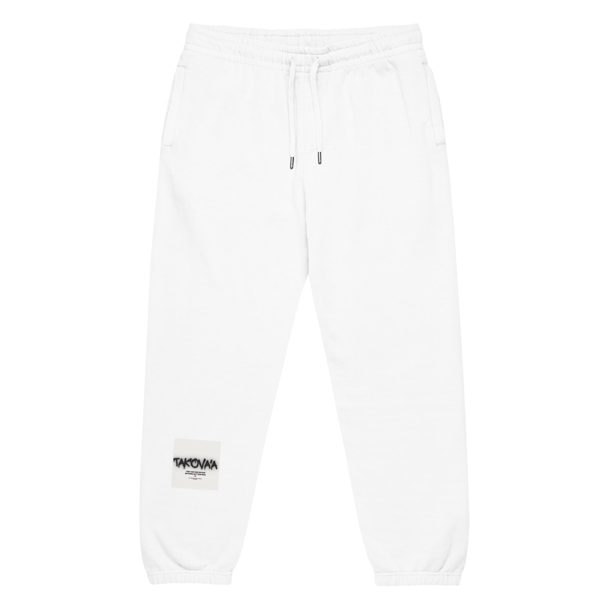 White sweatpants with a brand logo on a white background