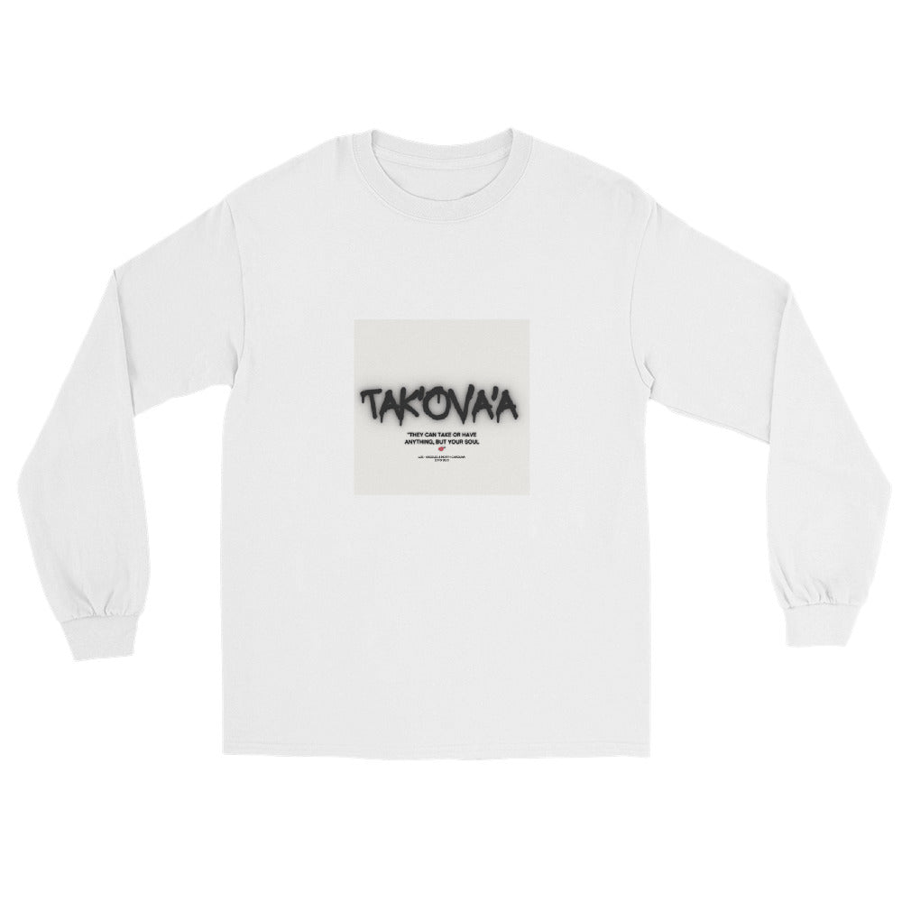 White long-sleeve shirt with a graphic design on a white background