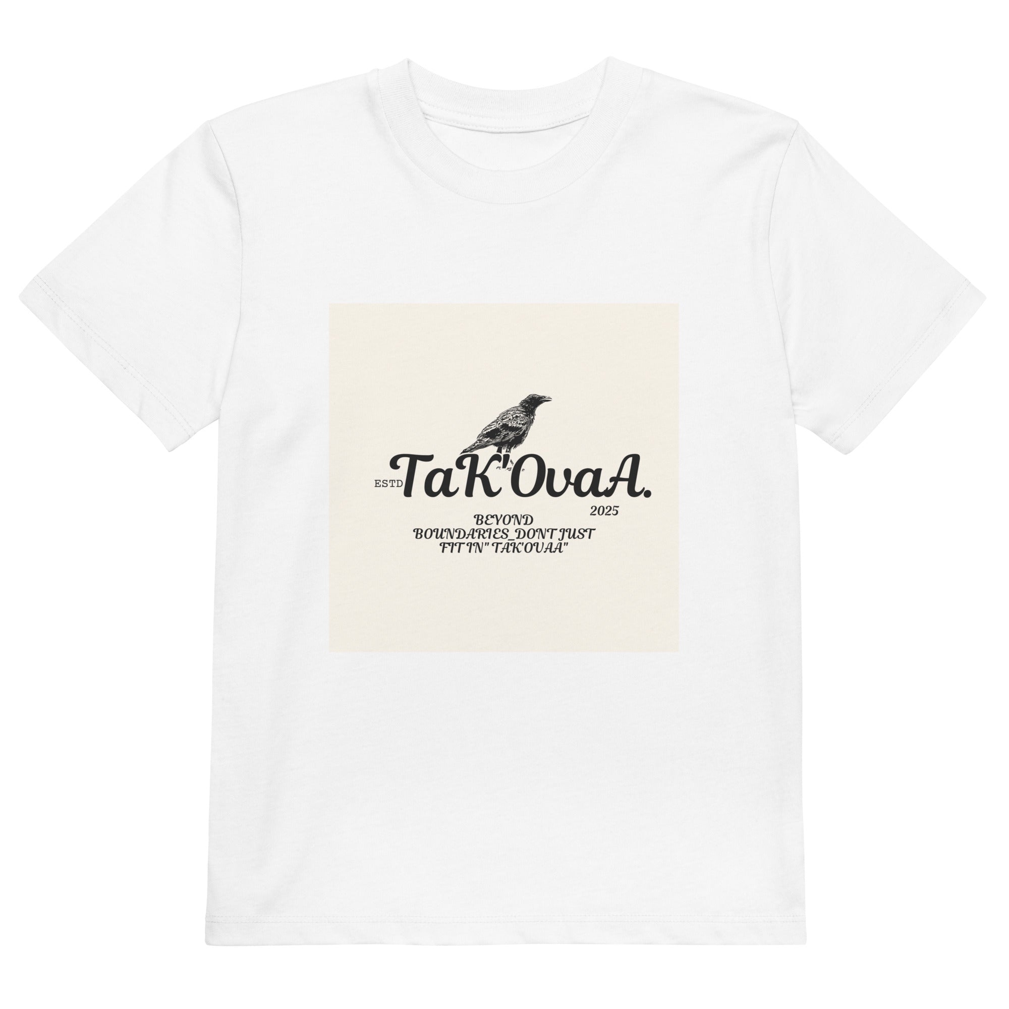 White t-shirt with a graphic design featuring text and a bird on a beige background.