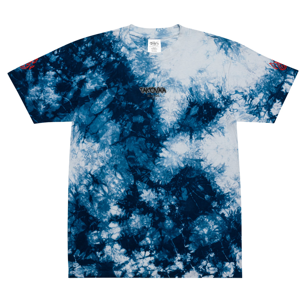 Tie-dye t-shirt with blue and white pattern on a white background